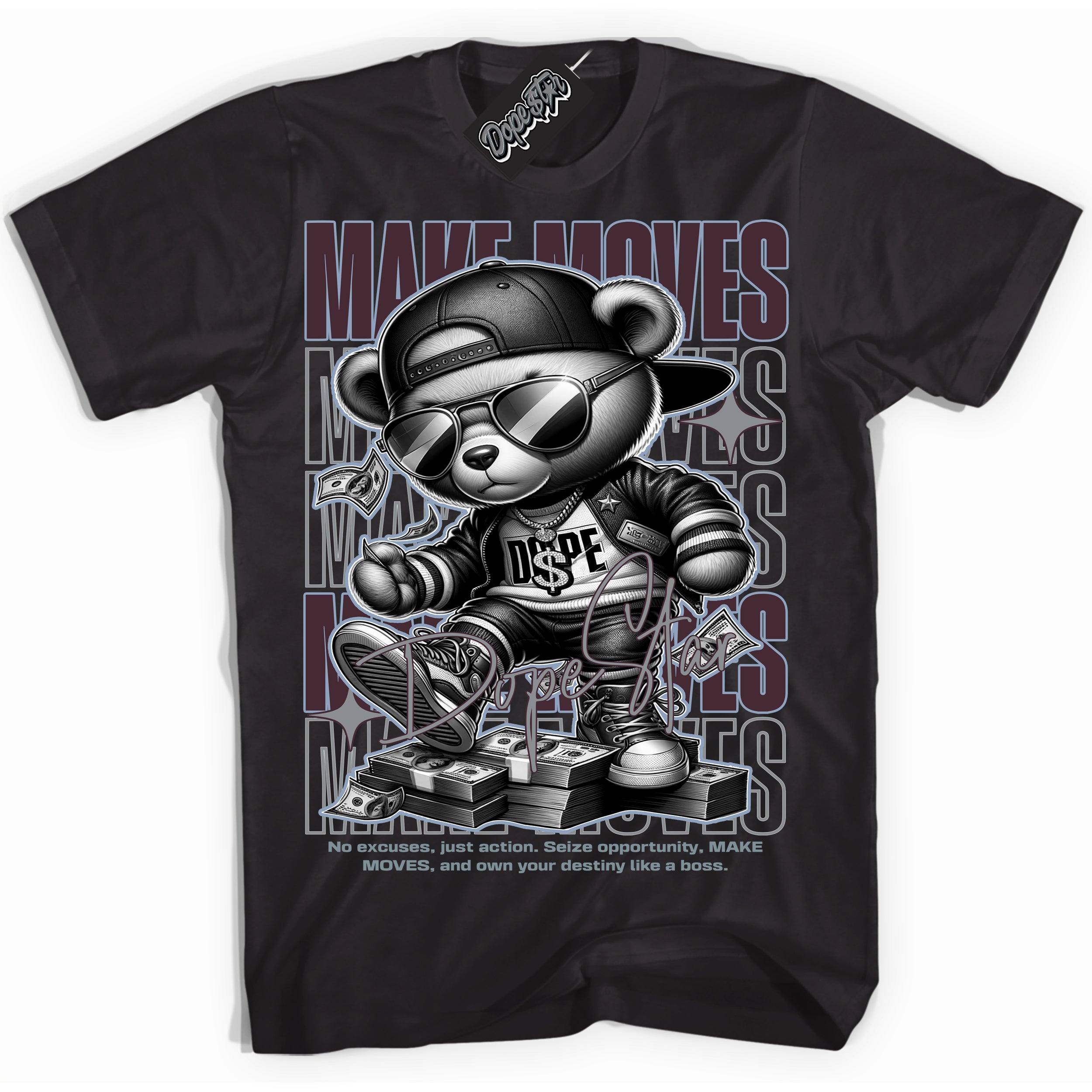 Cool Black Shirt with “ Makin Moves” design that perfectly matches Burgundy 5s Sneakers.