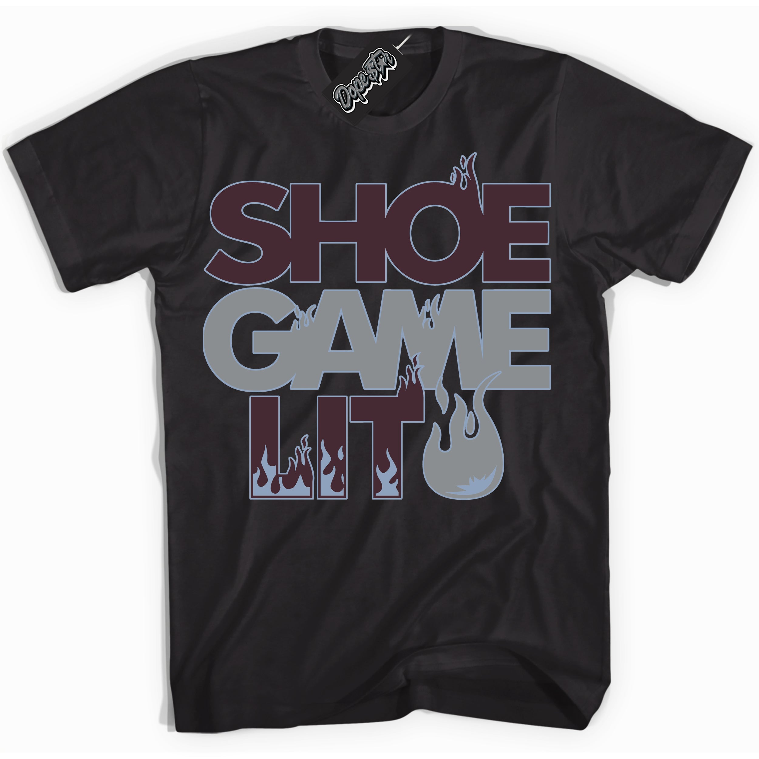 Cool Black Shirt with “ Shoe Game Lit ” design that perfectly matches Burgundy 5s Sneakers.