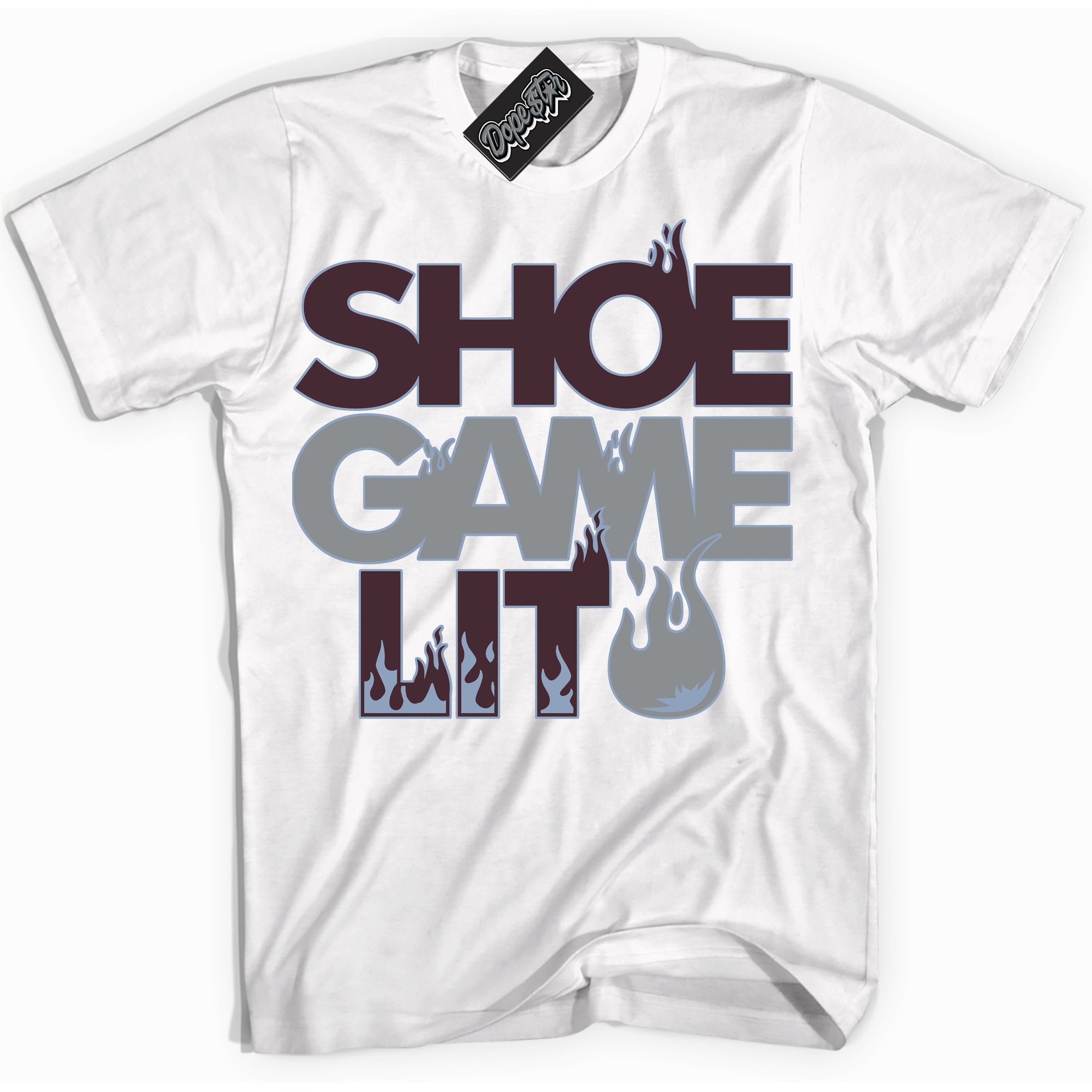 Cool White Shirt with “ Shoe Game Lit ” design that perfectly matches Burgundy 5s Sneakers.