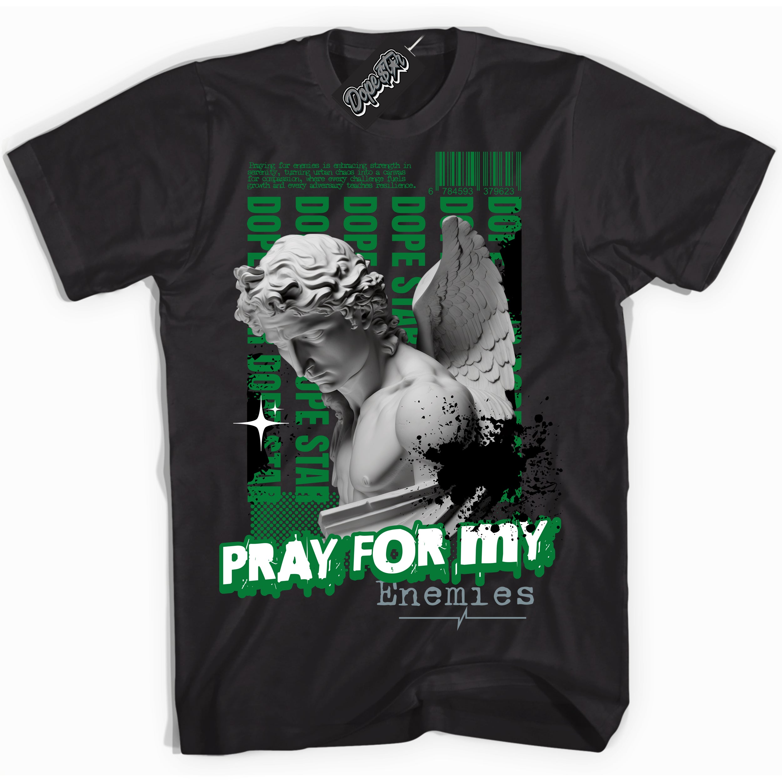 Cool Black Shirt with “ Pray Enemies” design that perfectly matches Lucky Green 5s Sneakers.