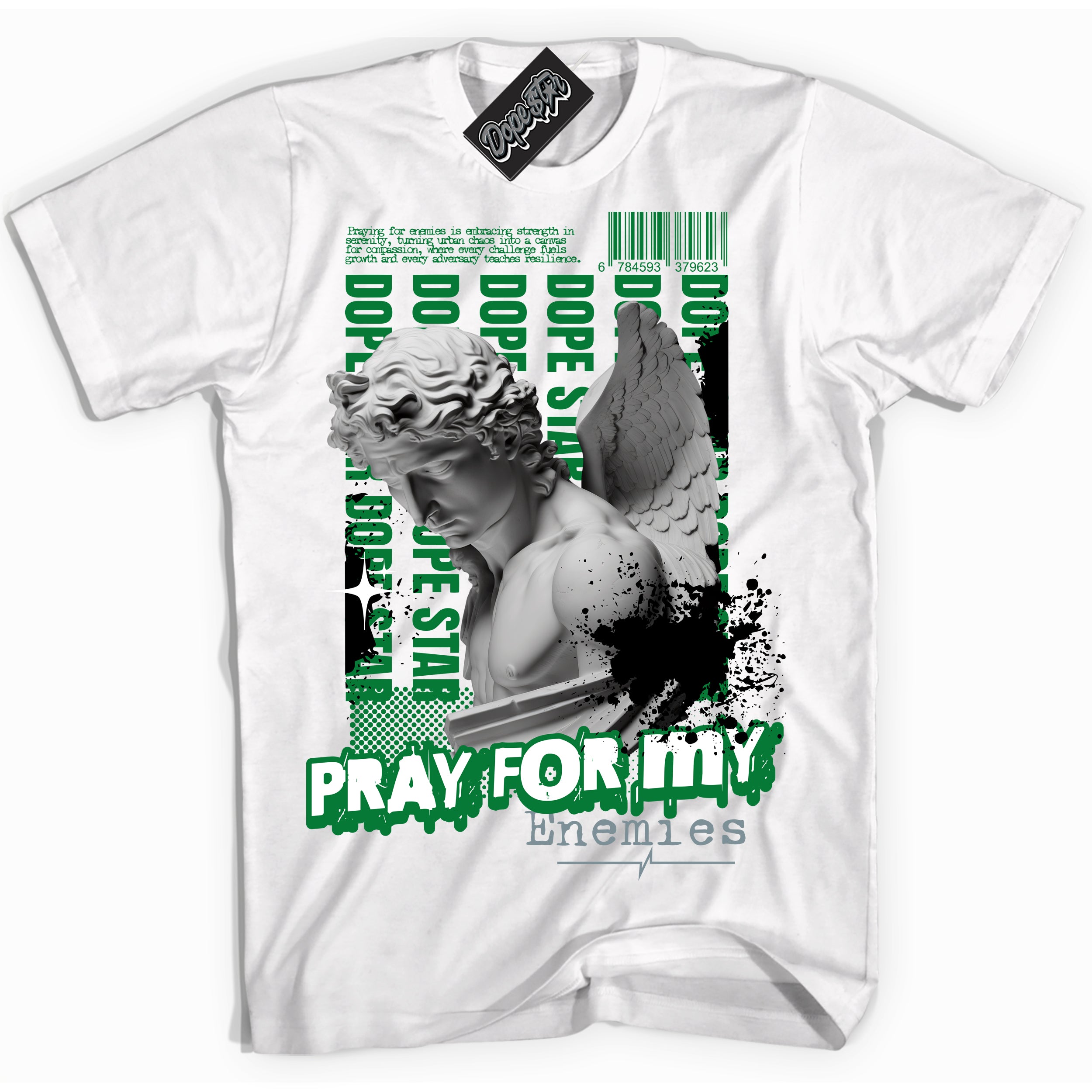 Cool White Shirt with “ Pray Enemies” design that perfectly matches Lucky Green 5s Sneakers.