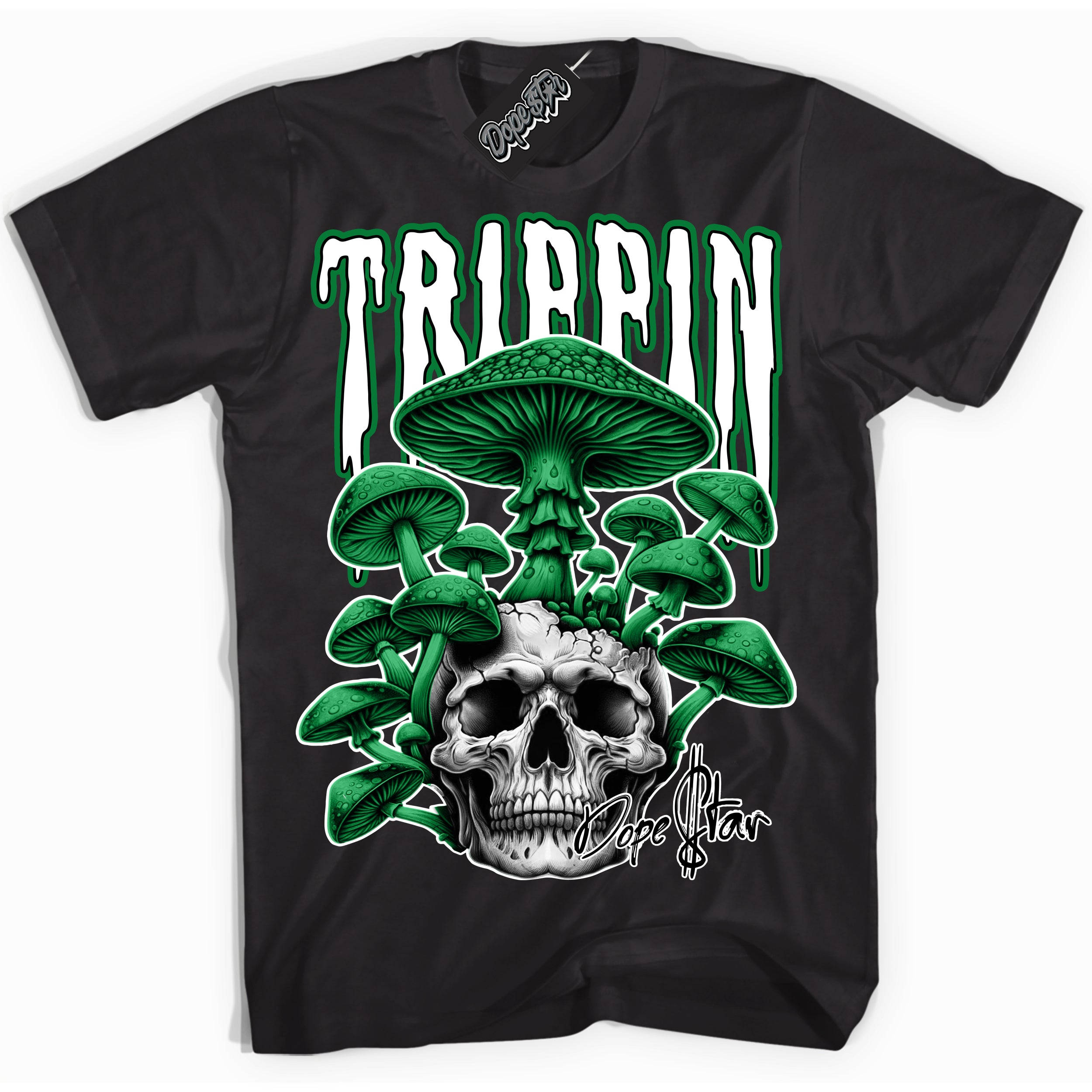 Cool Black Shirt with “ Trippin” design that perfectly matches Lucky Green 5s Sneakers.