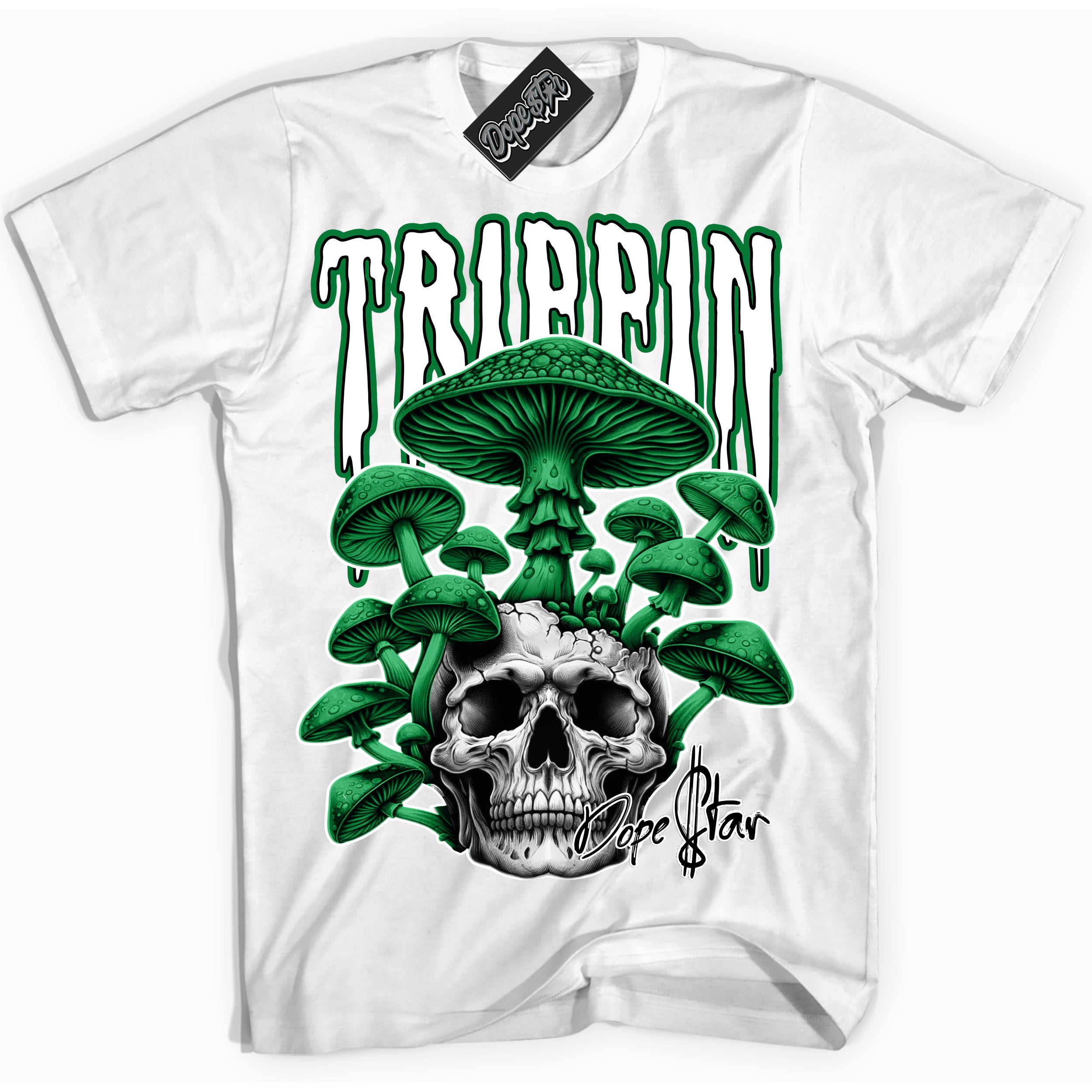 Cool White Shirt with “ Trippin” design that perfectly matches Lucky Green 5s Sneakers.