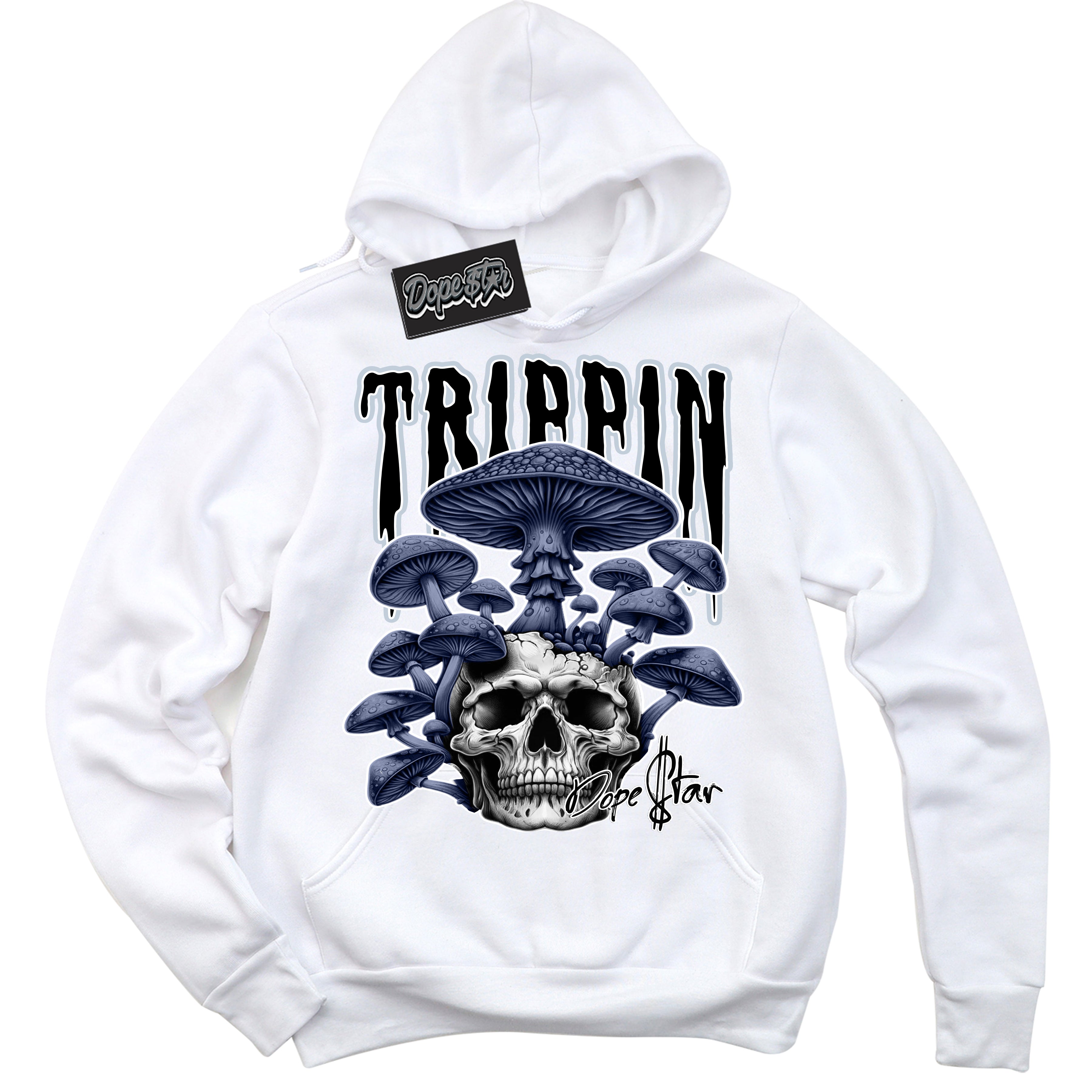 Cool White Hoodie with “ Trippin”  design that Perfectly Matches Midnight Navy 5s Sneakers.