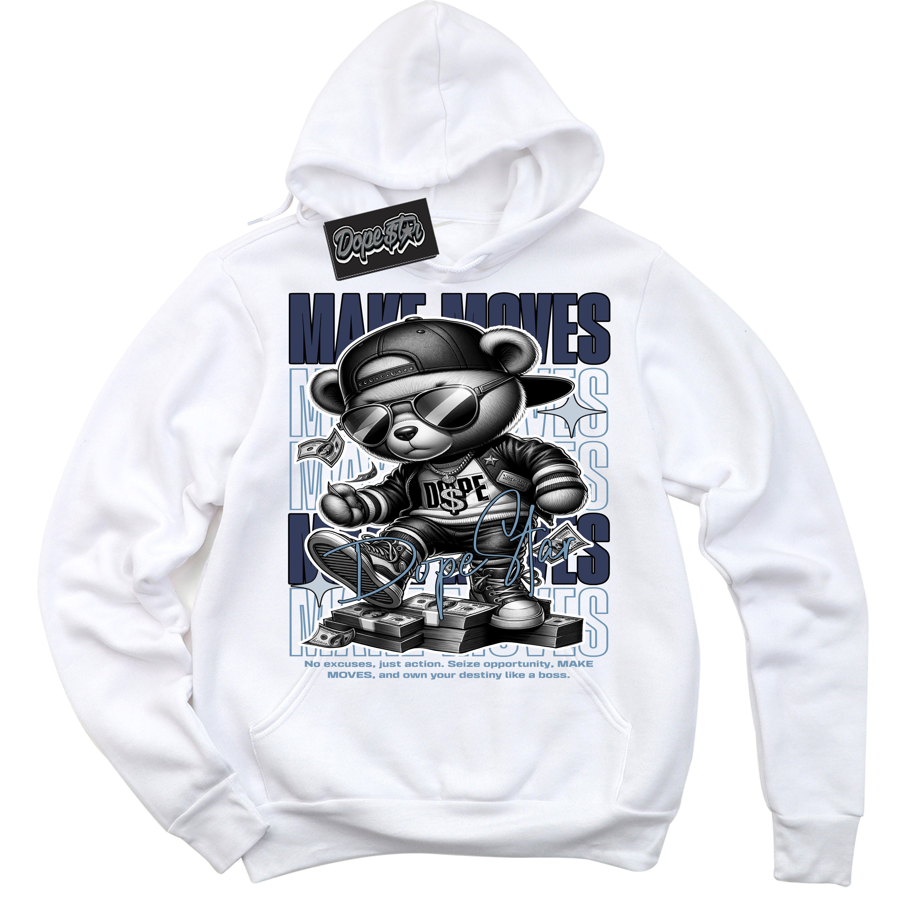 Cool White Hoodie with “ Makin Moves ”  design that Perfectly Matches Midnight Navy 5s Sneakers.