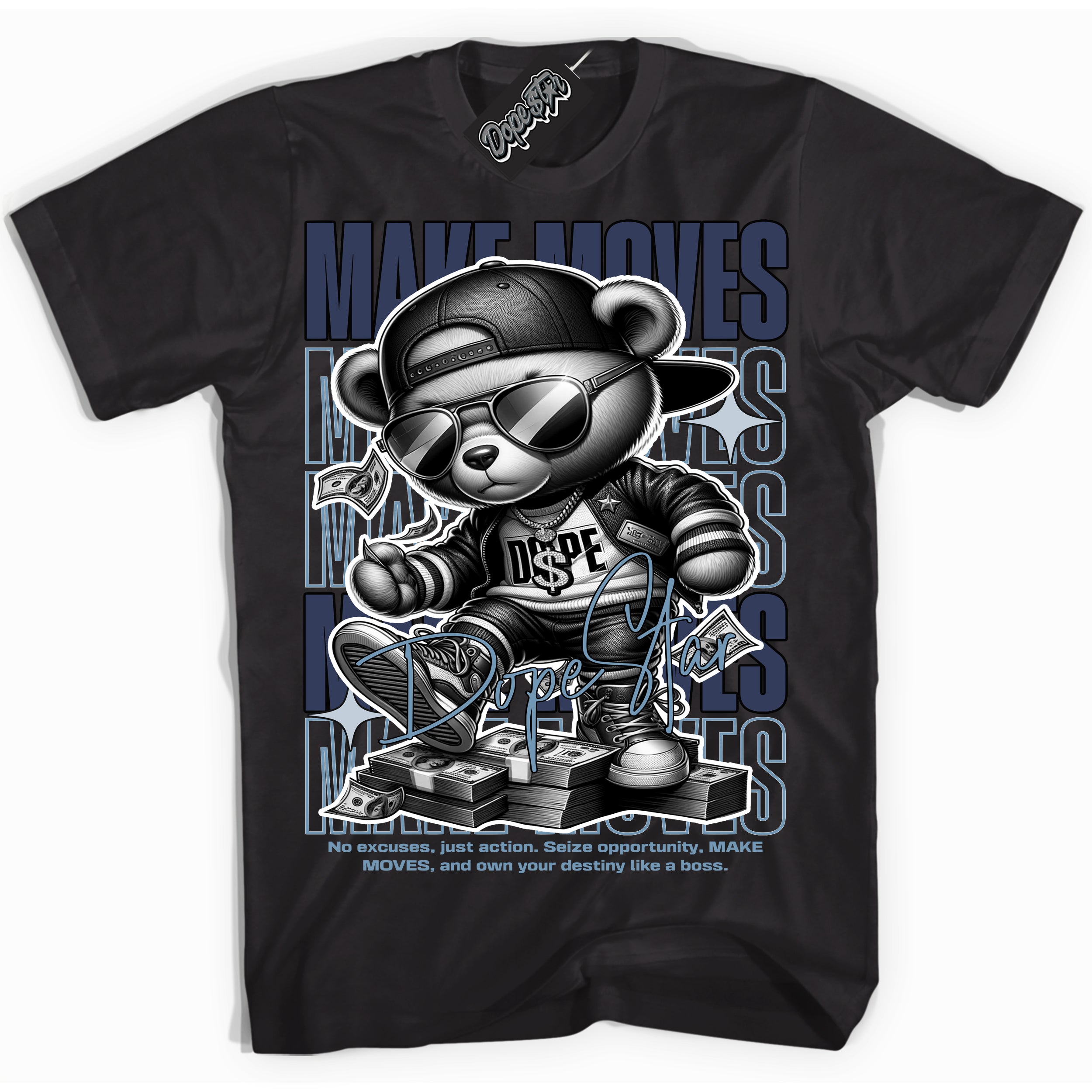 Cool Black Shirt with “ Makin Moves” design that perfectly matches Midnight Navy 5s Sneakers.