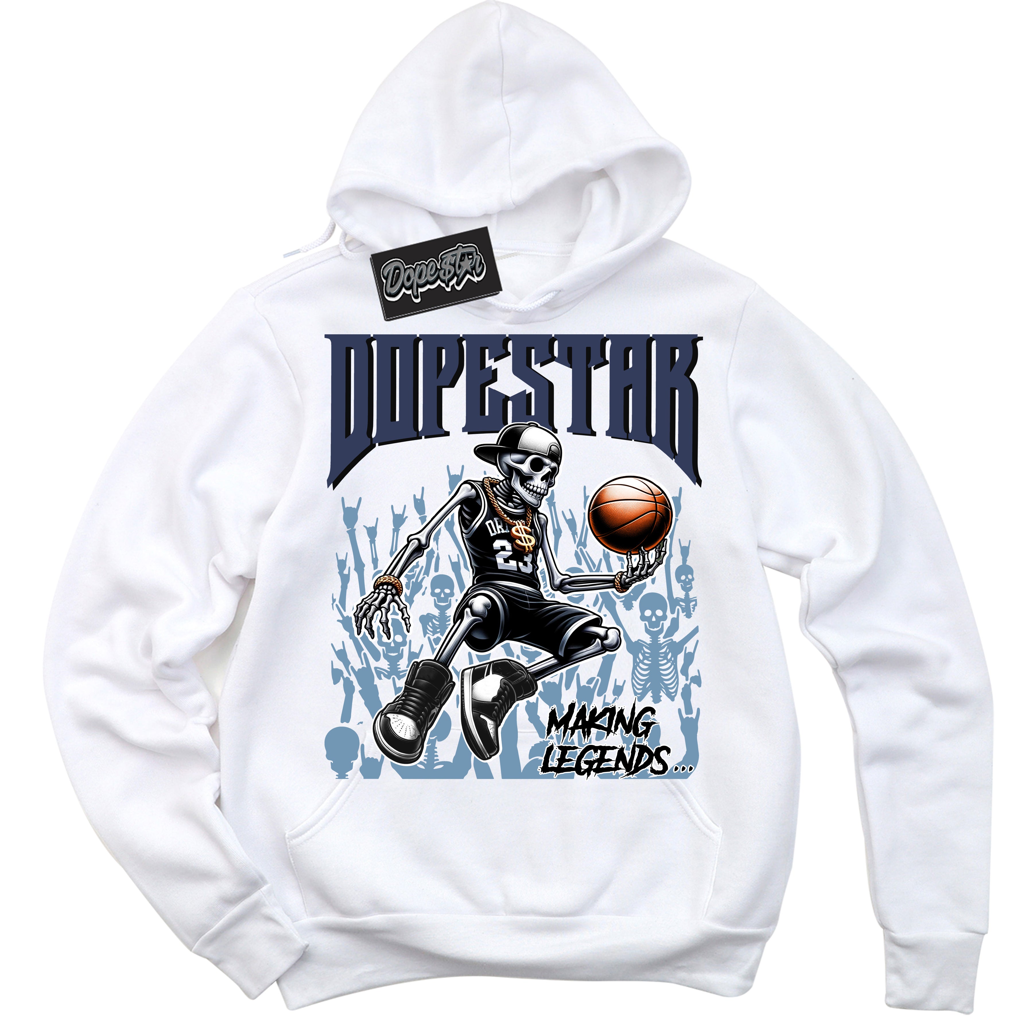 Cool White Hoodie with “ Making Legends ”  design that Perfectly Matches Midnight Navy 5s Sneakers.