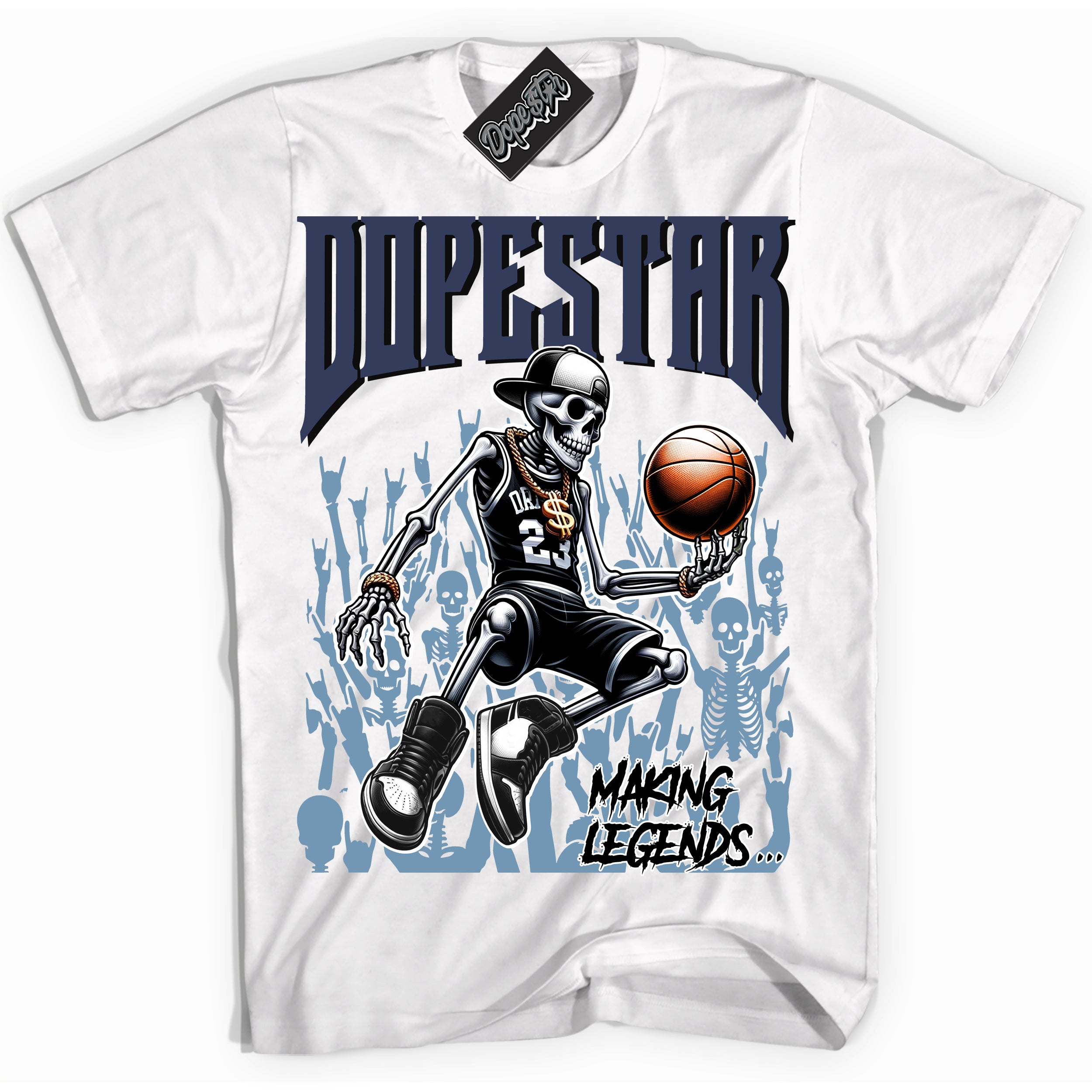 Cool White Shirt with “ Making Legends ” design that perfectly matches Midnight Navy 5s Sneakers.