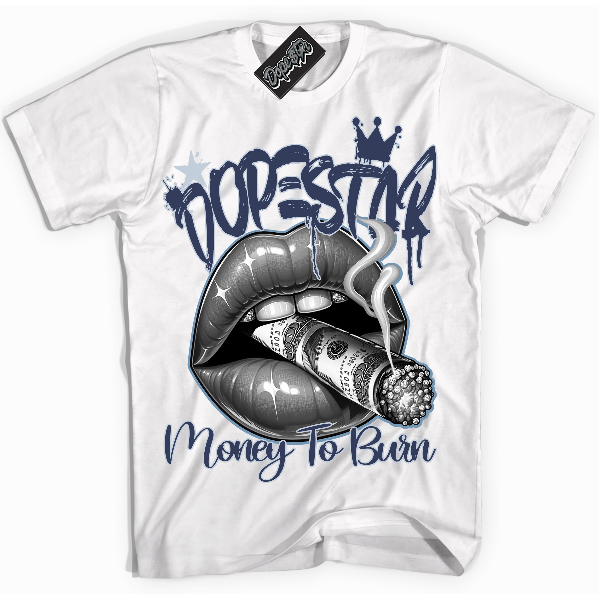 Cool White Shirt with “ Money To Burn” design that perfectly matches Midnight Navy 5s Sneakers.