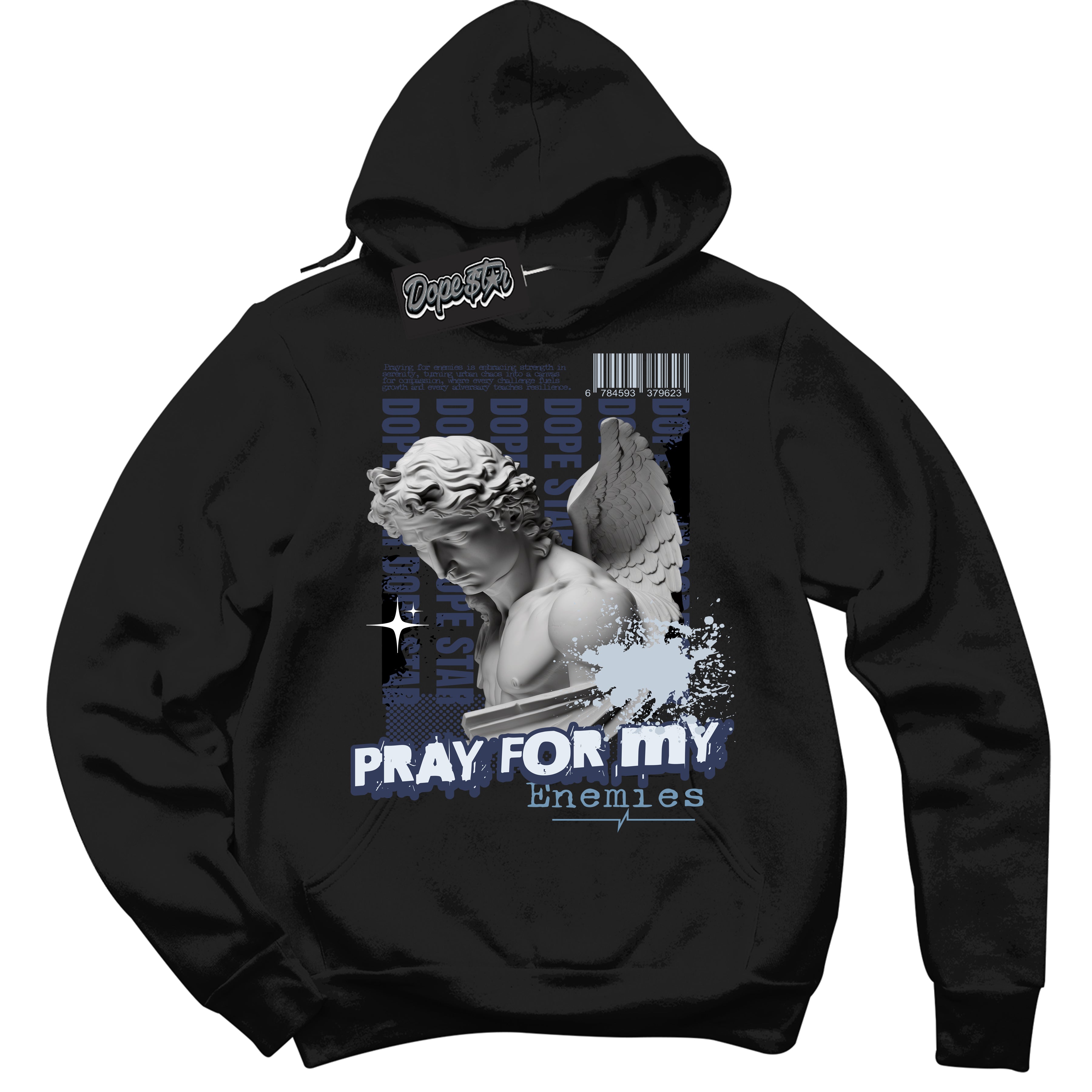 Cool Black Hoodie with “ Pray Enemies ”  design that Perfectly Matches Midnight Navy 5s Sneakers.