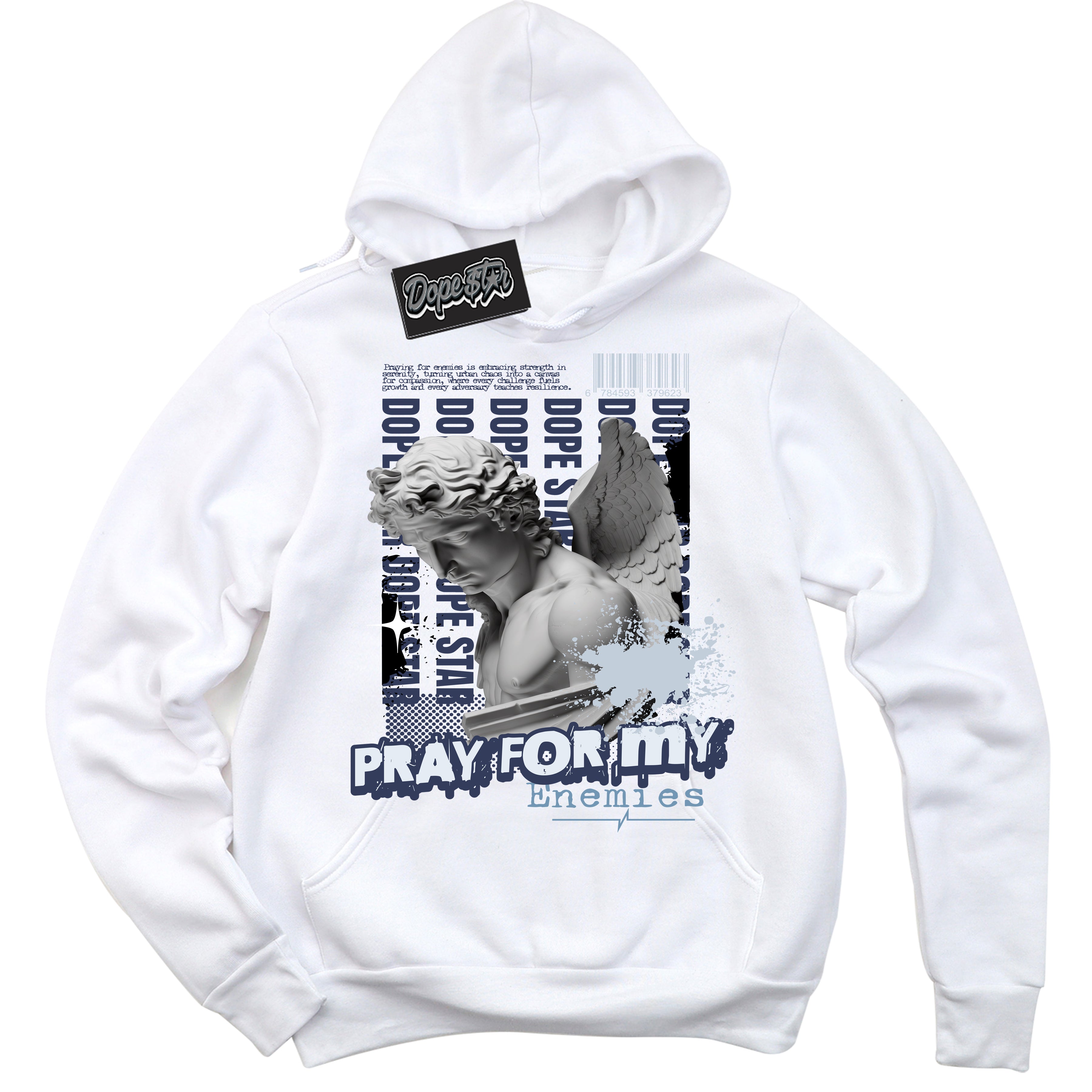 Cool White Hoodie with “ Pray Enemies ”  design that Perfectly Matches Midnight Navy 5s Sneakers.