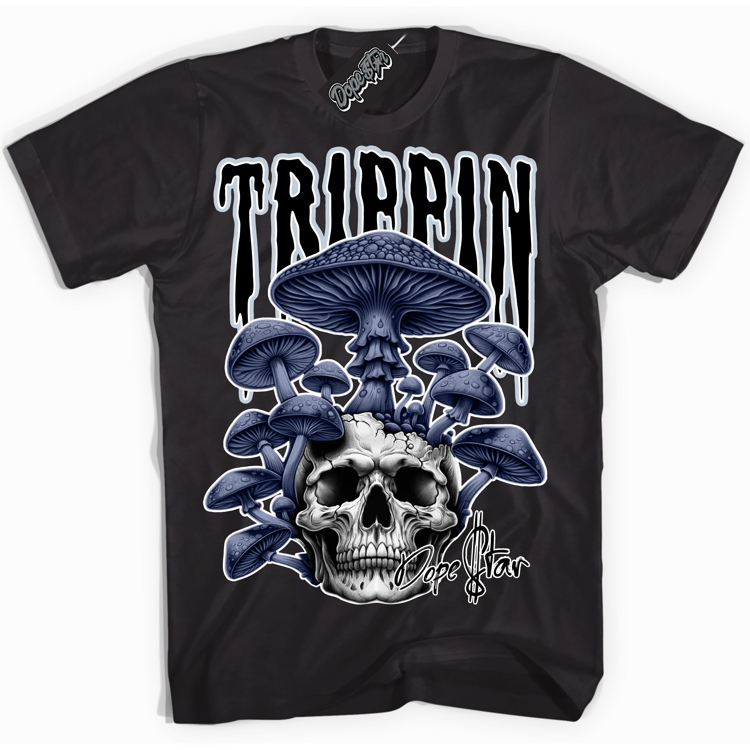 Cool Black Shirt with “ Trippin” design that perfectly matches Midnight Navy 5s Sneakers.