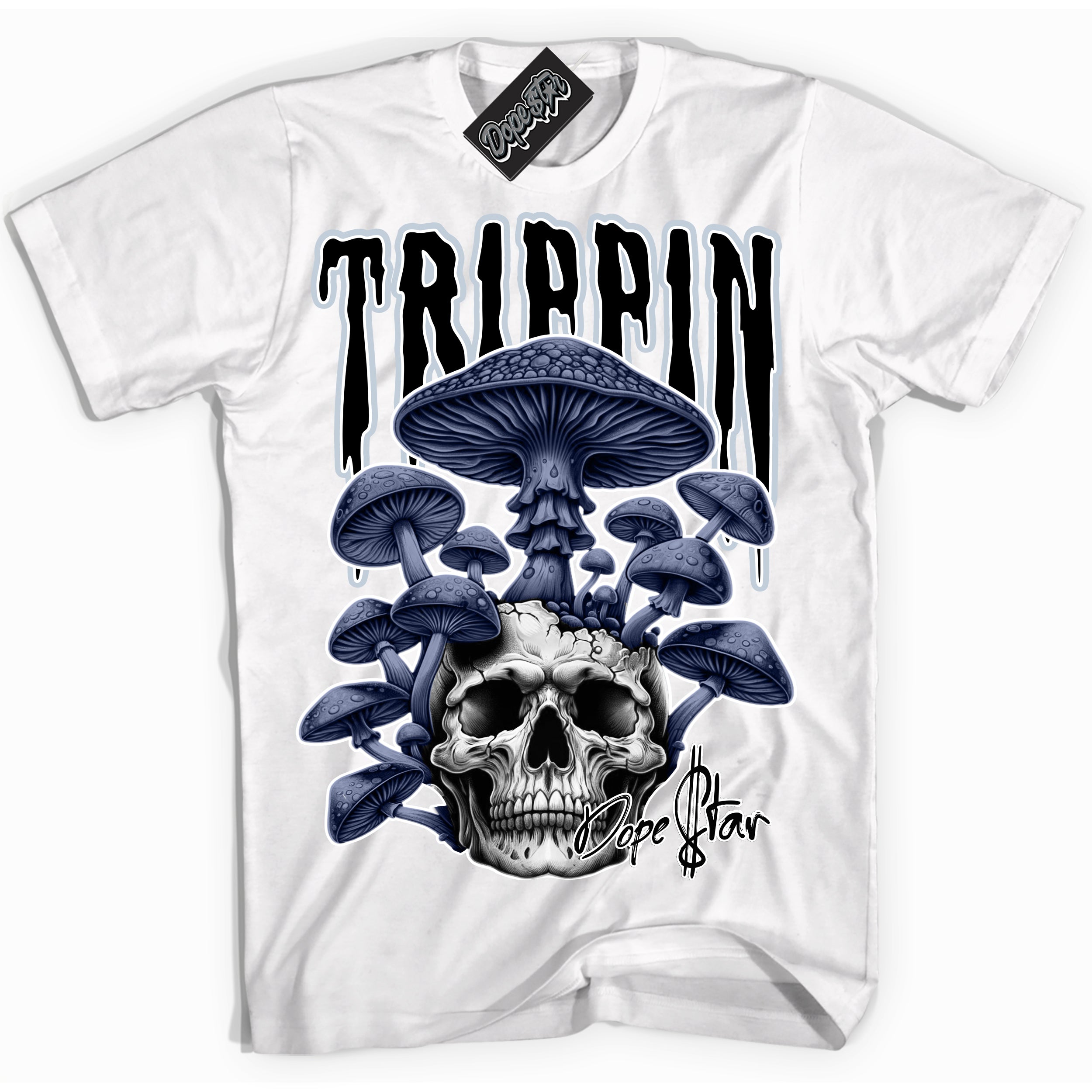 Cool White Shirt with “ Trippin” design that perfectly matches Midnight Navy 5s Sneakers.