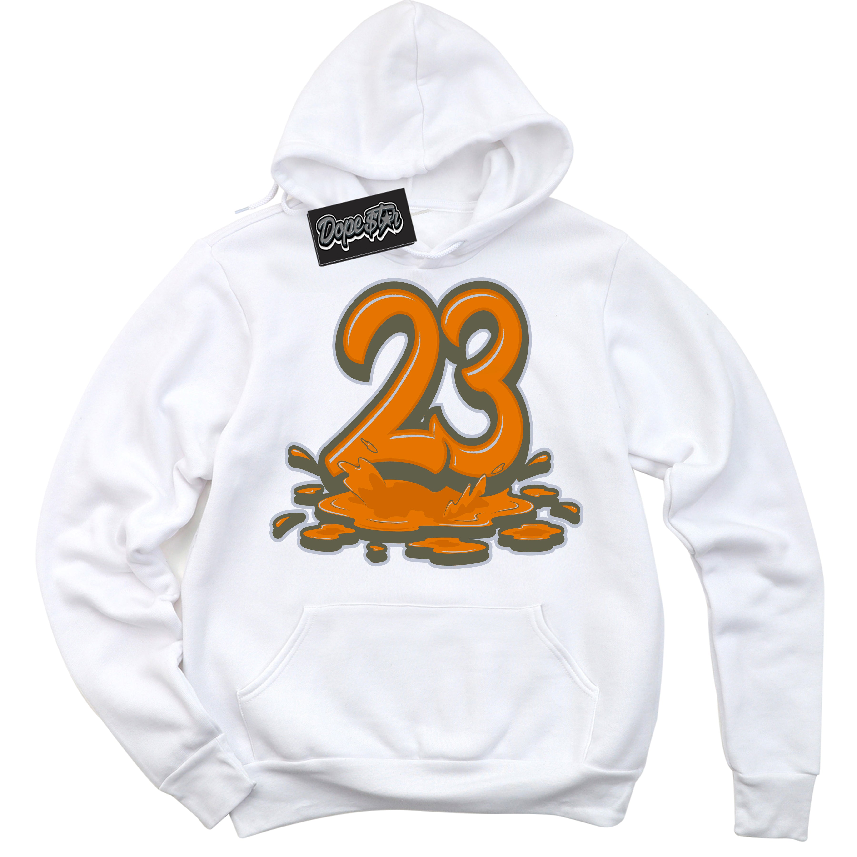 Cool White Hoodie with “ 23 Melting ”  design that Perfectly Matches Olive 5s Sneakers.