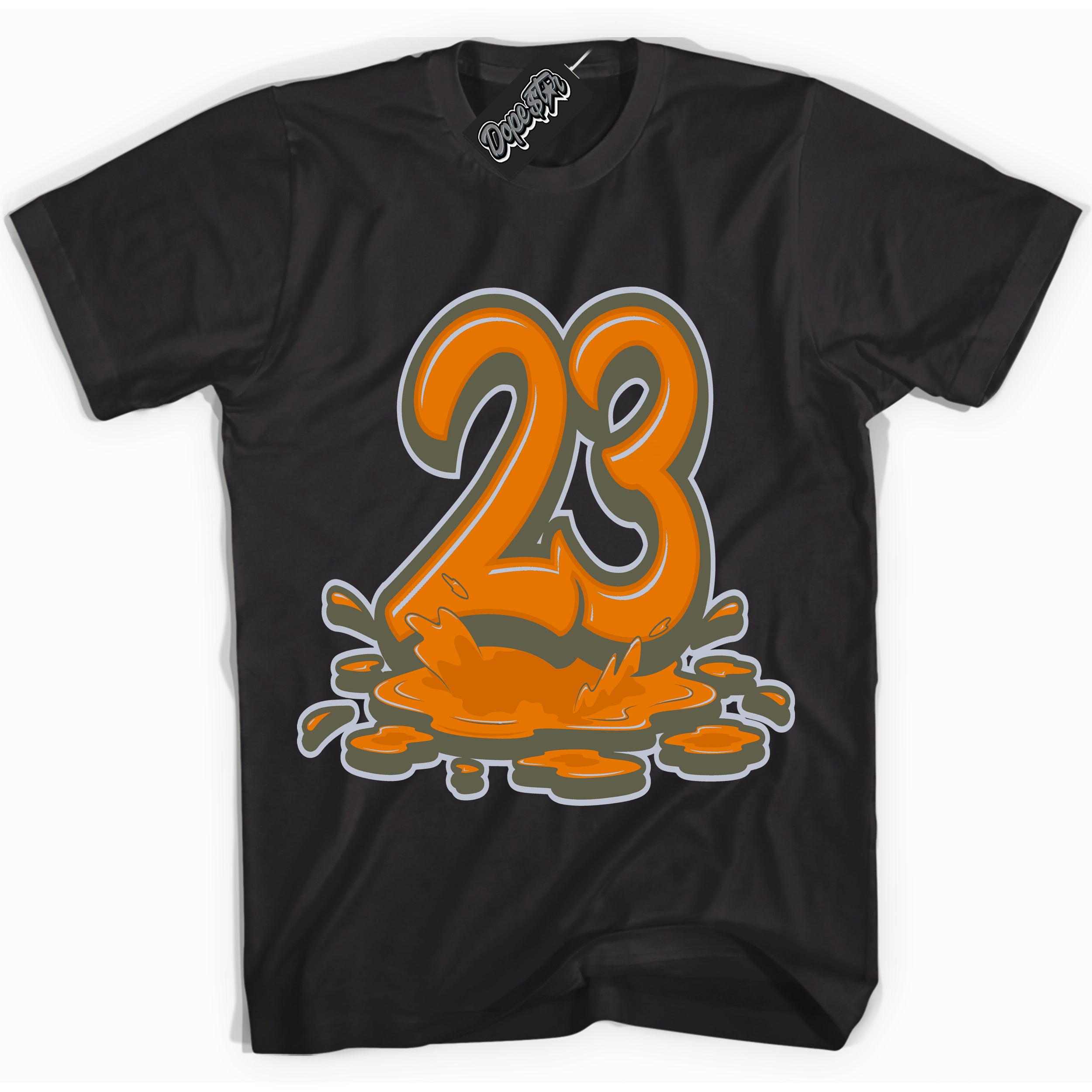 Cool Black Shirt with “ 23 Melting” design that perfectly matches Olive 5s Sneakers.