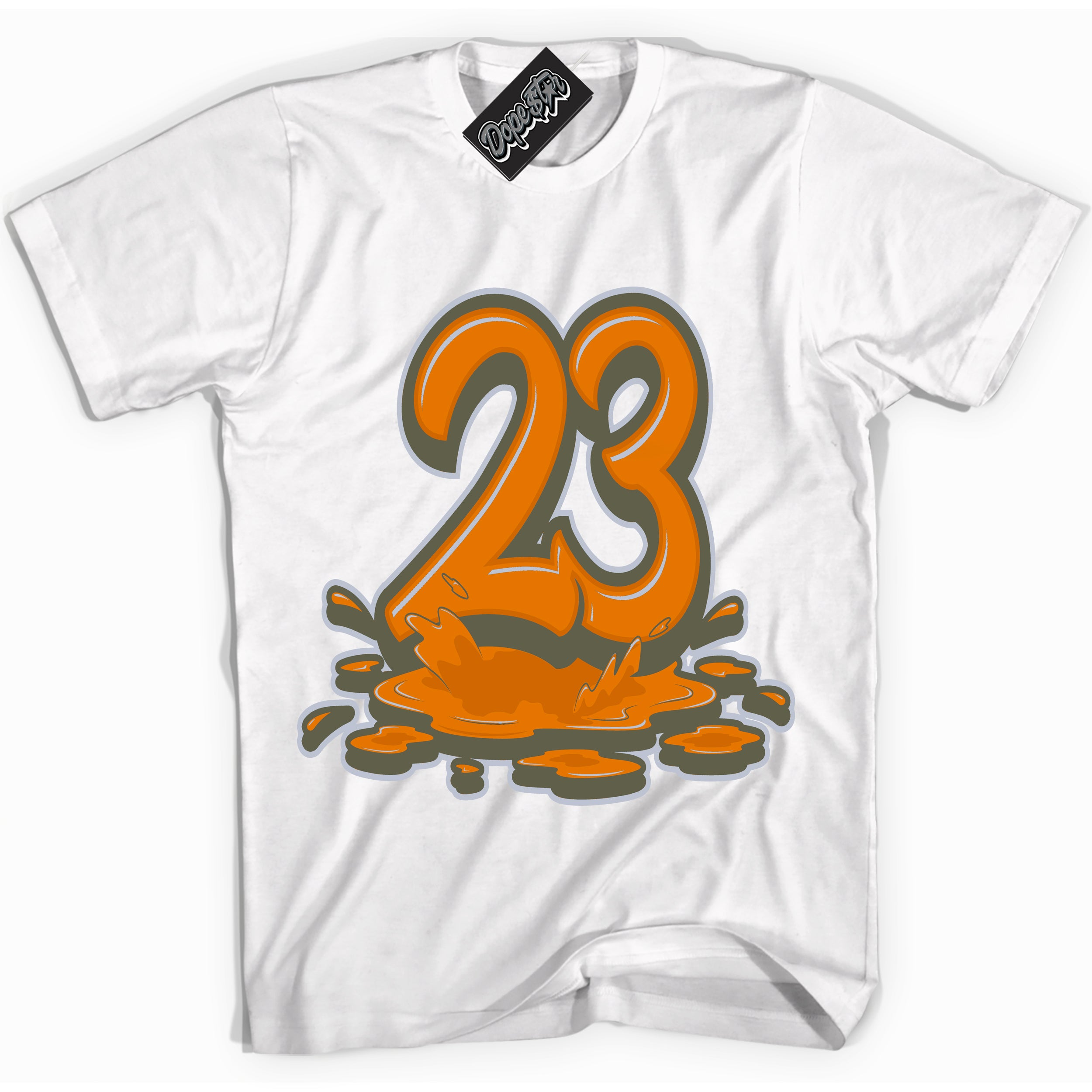 Cool White Shirt with “ 23 Melting” design that perfectly matches Olive 5s Sneakers.