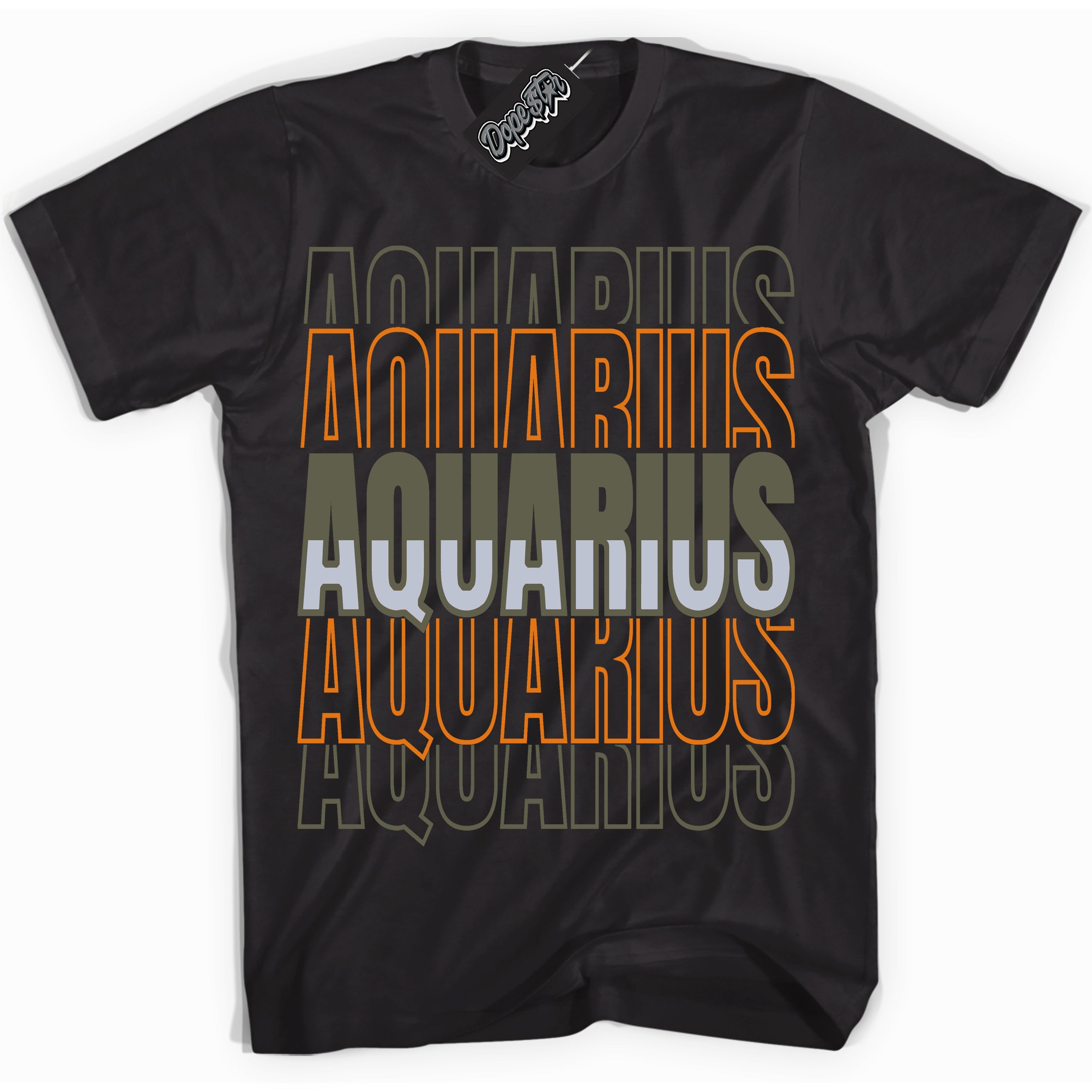 Cool Black Shirt with “ Aquarius” design that perfectly matches Olive 5s Sneakers.