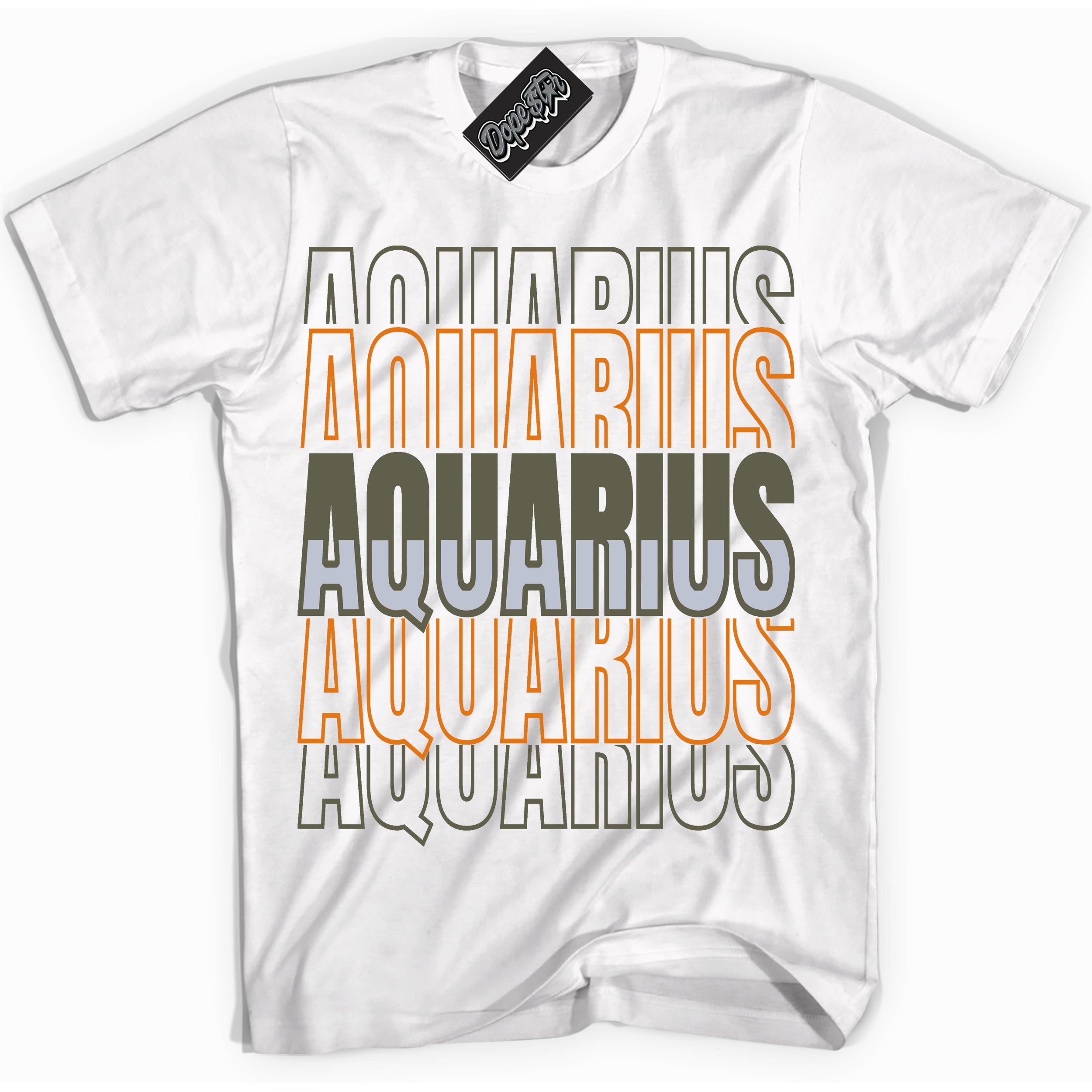 Cool White Shirt with “ Aquarius” design that perfectly matches Olive 5s Sneakers.