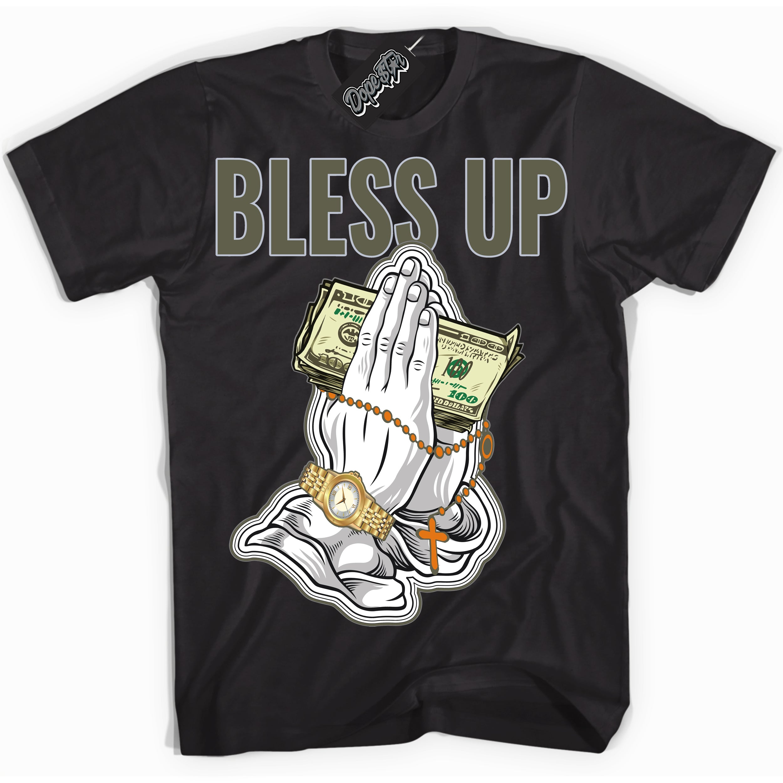 Cool Black Shirt with “ Bless Up” design that perfectly matches Olive 5s Sneakers.