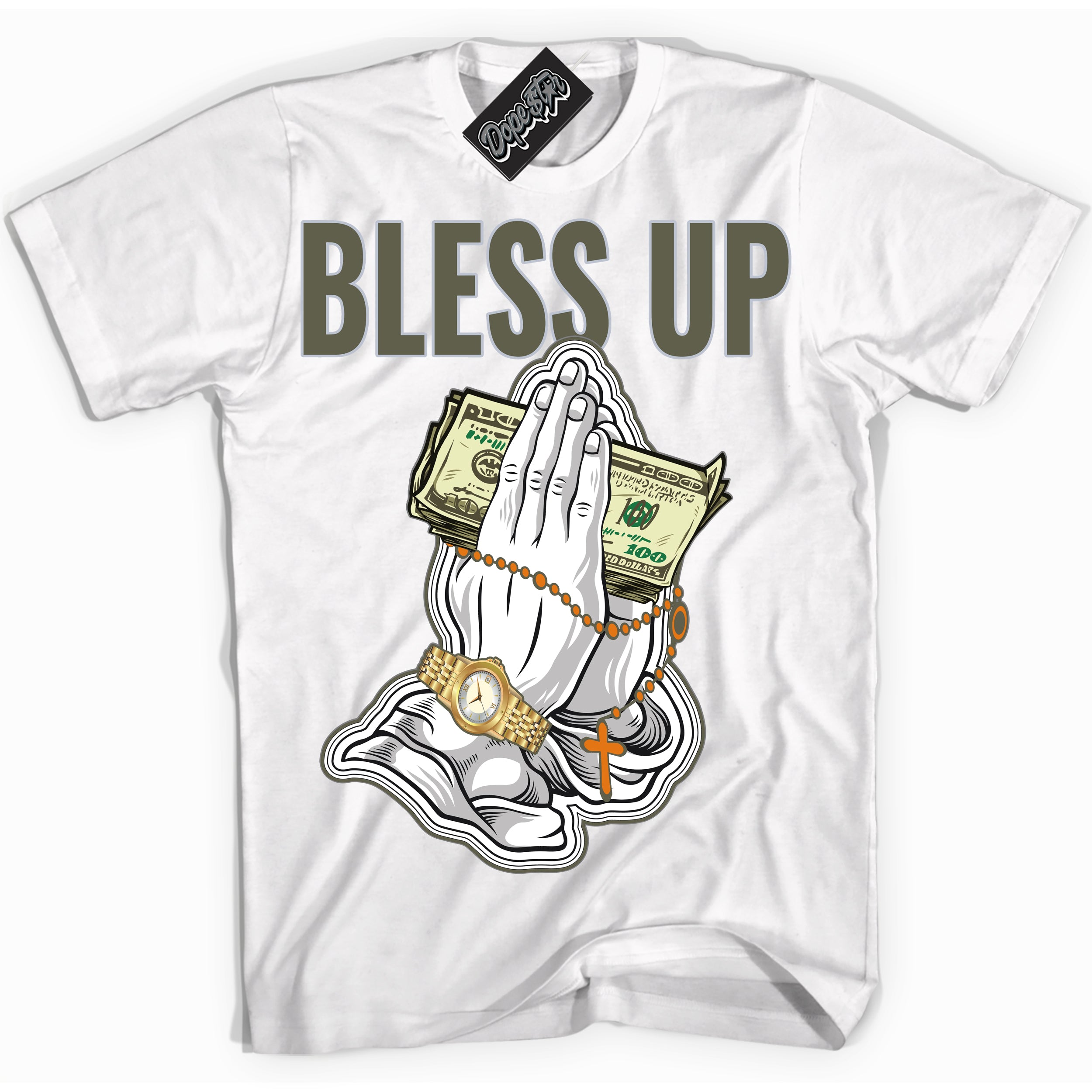 Cool White Shirt with “ Bless Up” design that perfectly matches Olive 5s Sneakers.