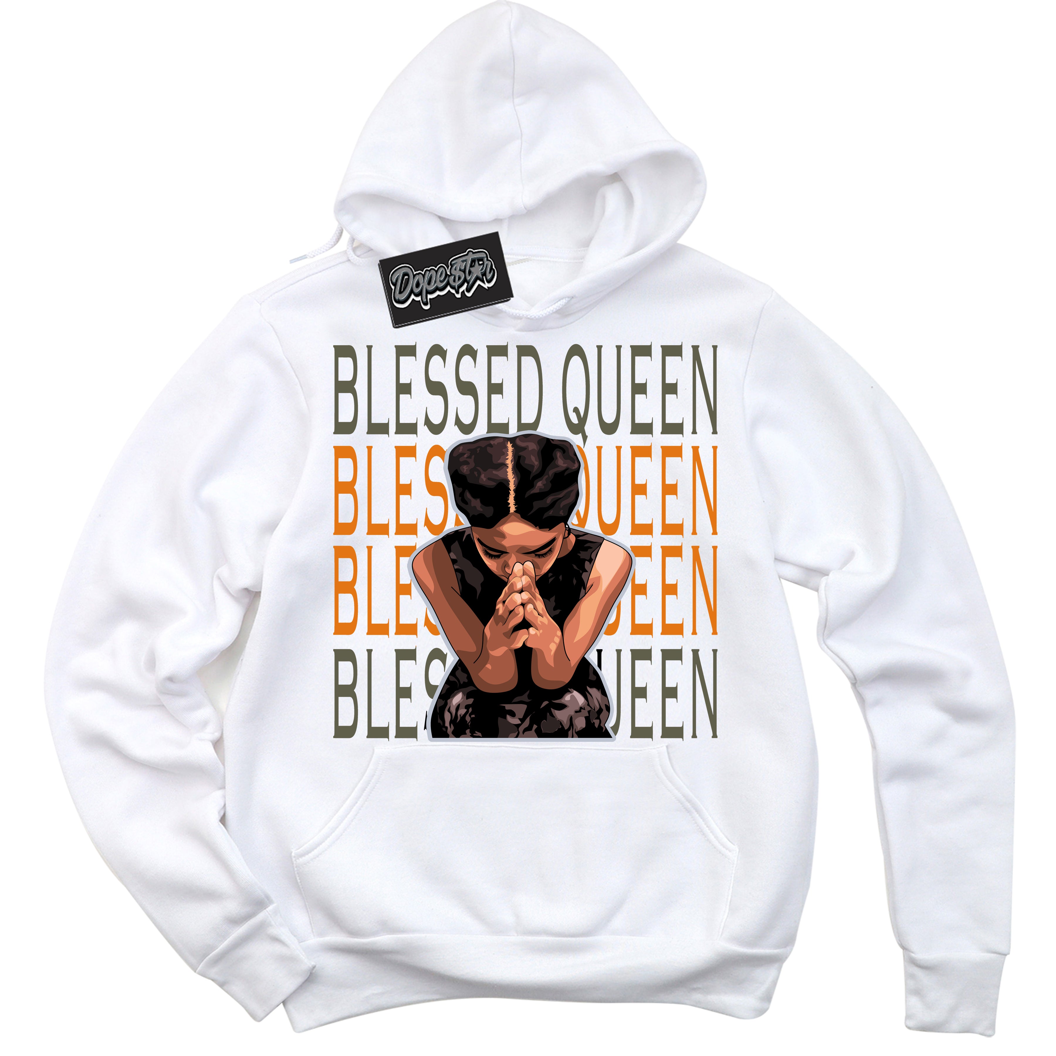 Cool White Hoodie with “ Blessed Queen ”  design that Perfectly Matches Olive 5s Sneakers.