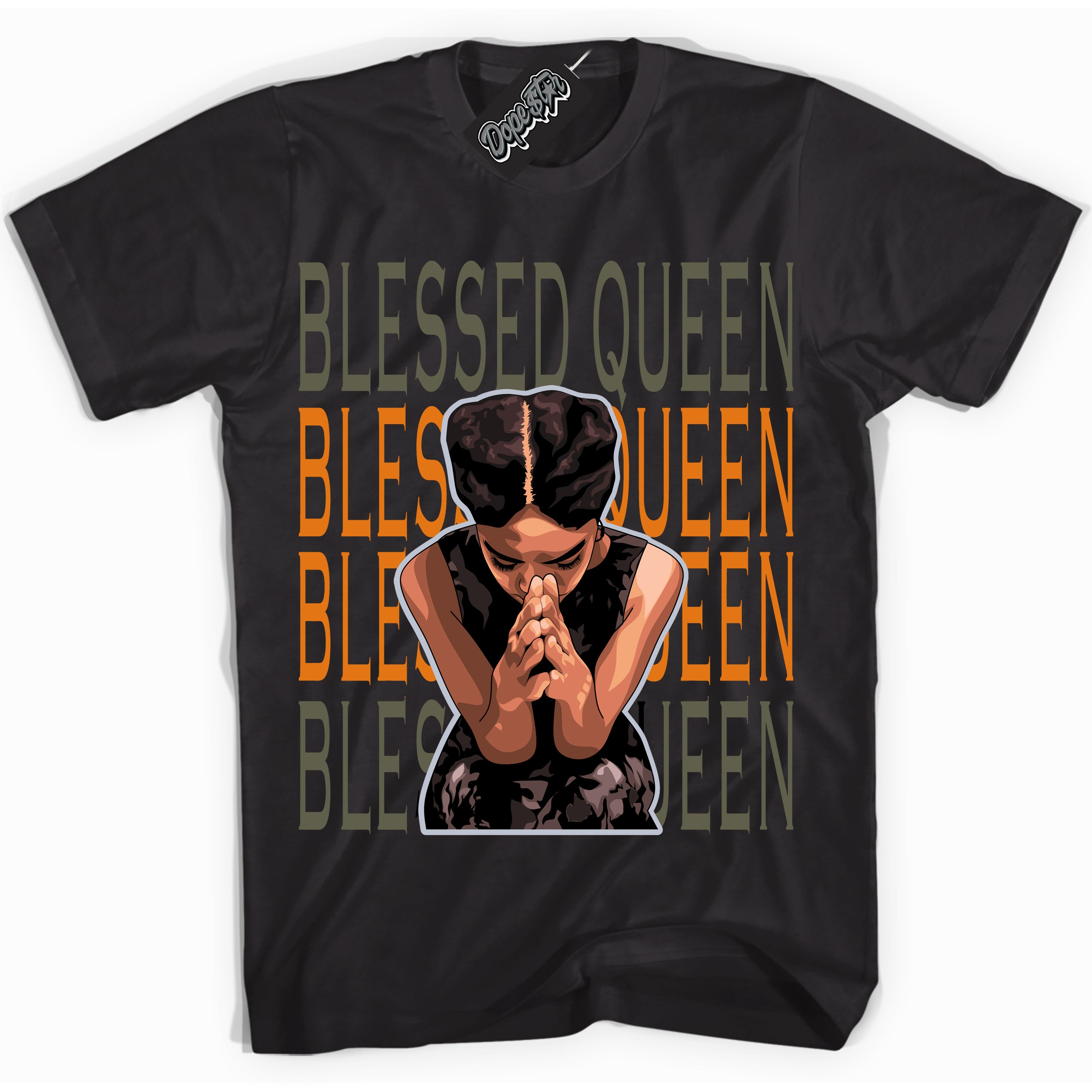 Cool Black Shirt with “ Blessed Queen” design that perfectly matches Olive 5s Sneakers.