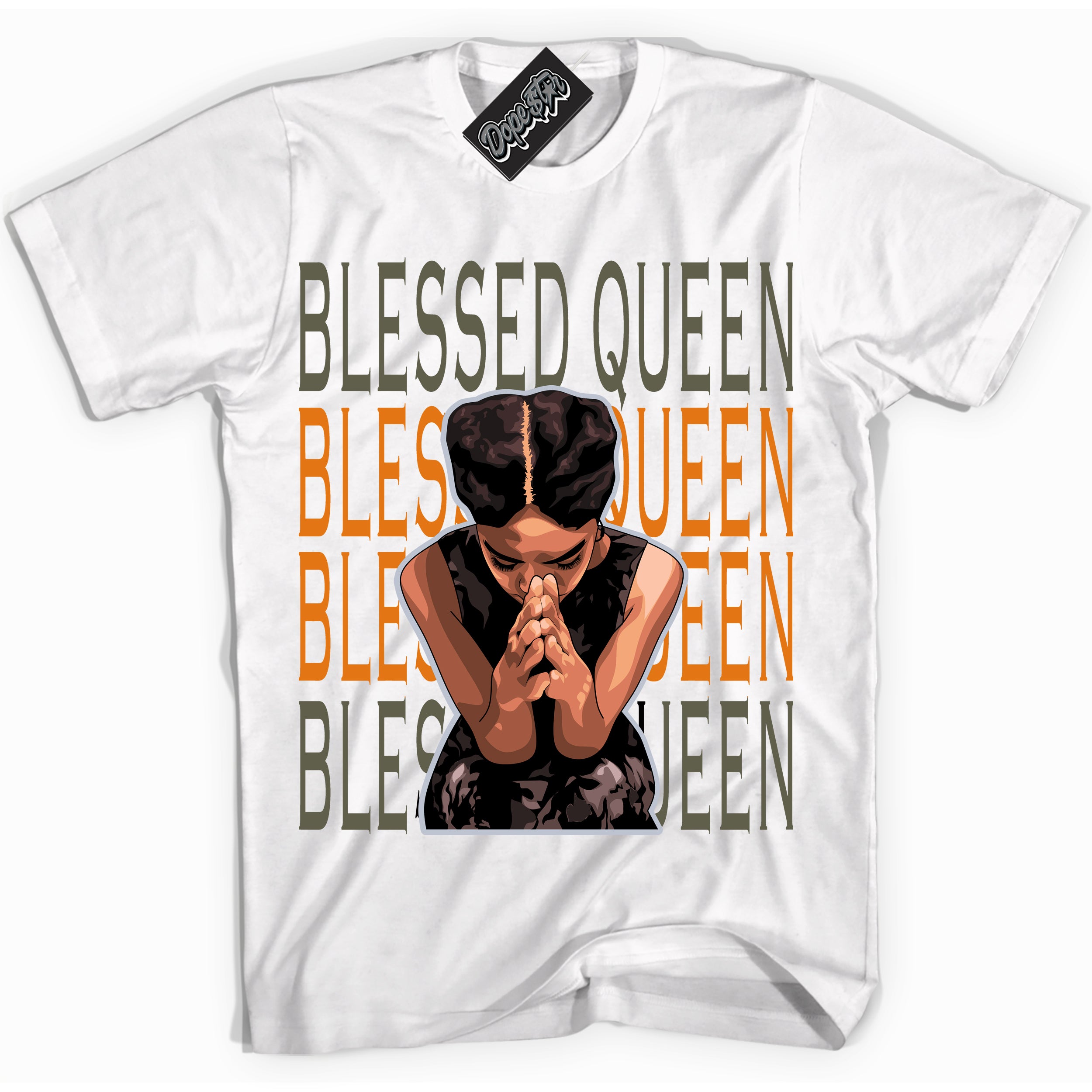 Cool White Shirt with “ Blessed Queen” design that perfectly matches Olive 5s Sneakers.