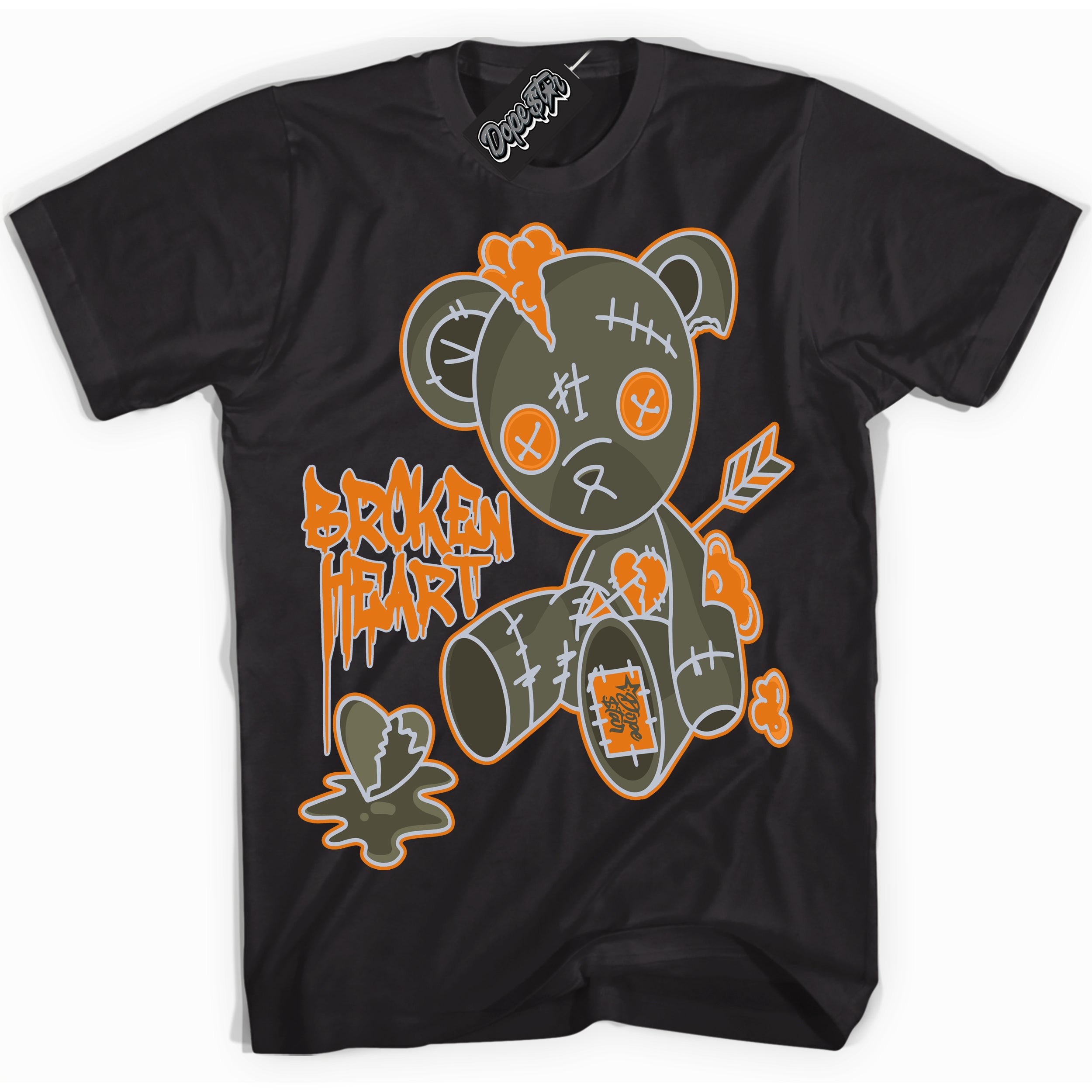 Cool Black Shirt with “ Broken Heart Bear” design that perfectly matches Olive 5s Sneakers.