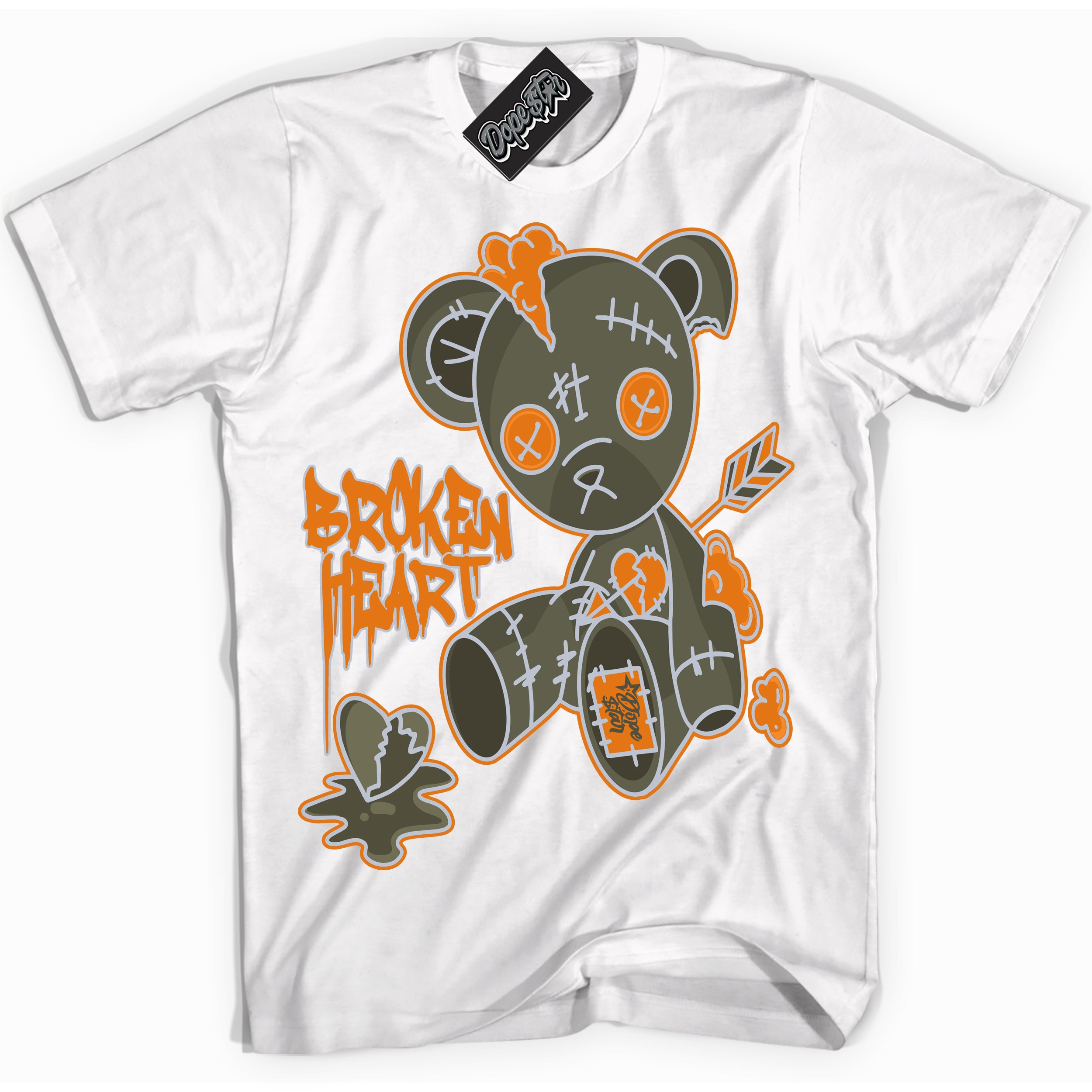 Cool White Shirt with “ Broken Heart Bear” design that perfectly matches Olive 5s Sneakers.