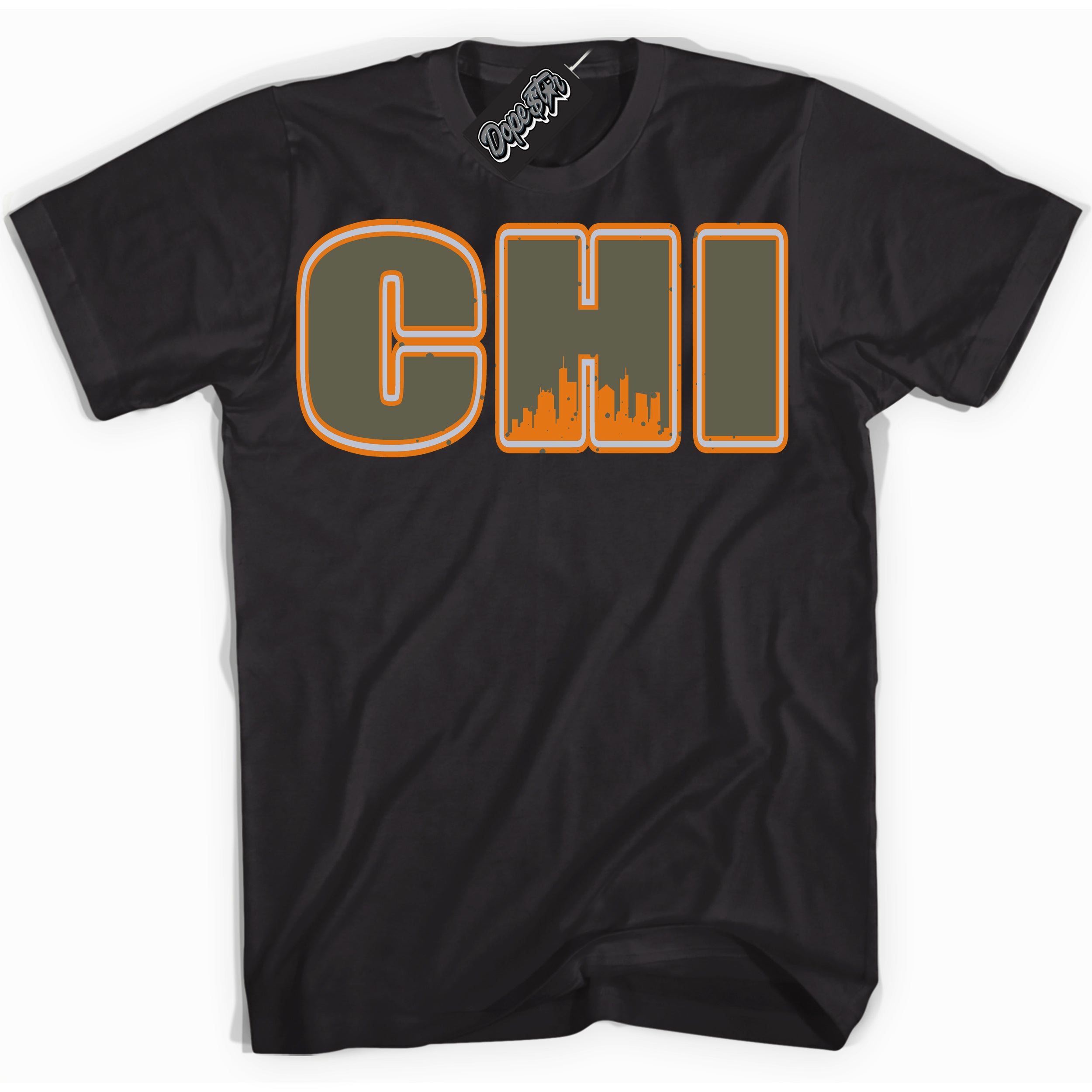 Cool Black Shirt with “ Chicago” design that perfectly matches Olive 5s Sneakers.