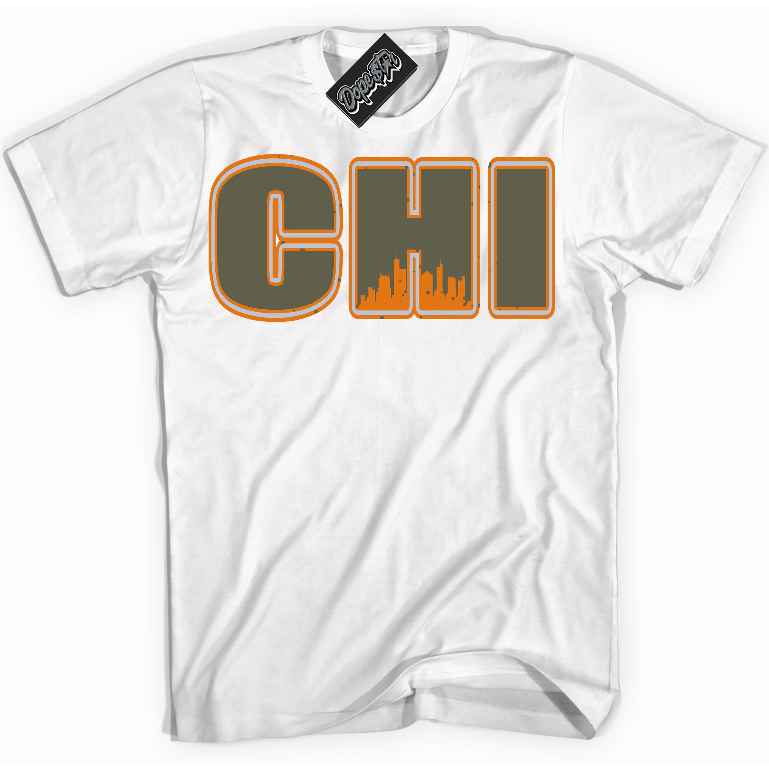 Cool White Shirt with “ Chicago” design that perfectly matches Olive 5s Sneakers.