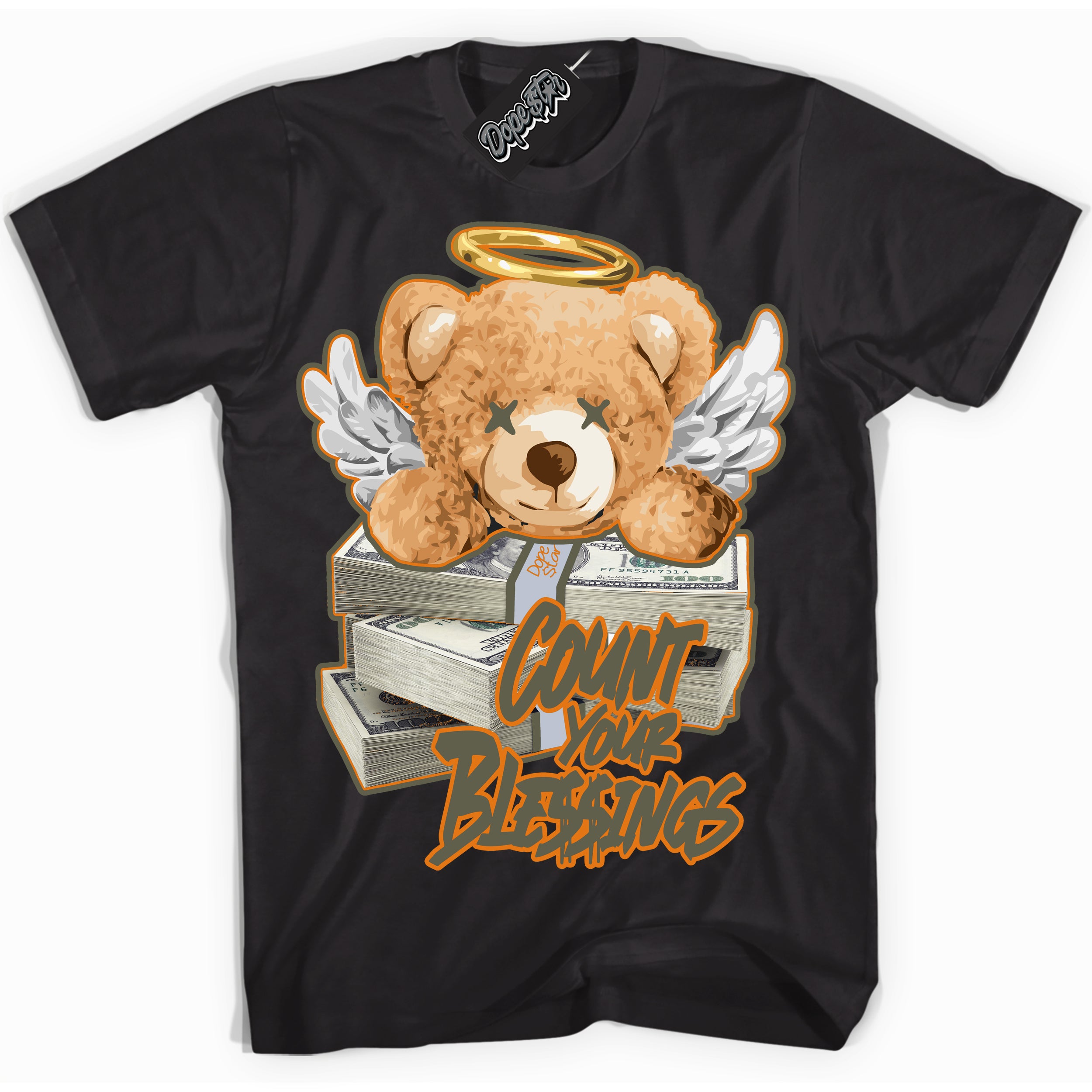 Cool Black Shirt with “ Count Your Blessings” design that perfectly matches Olive 5s Sneakers.