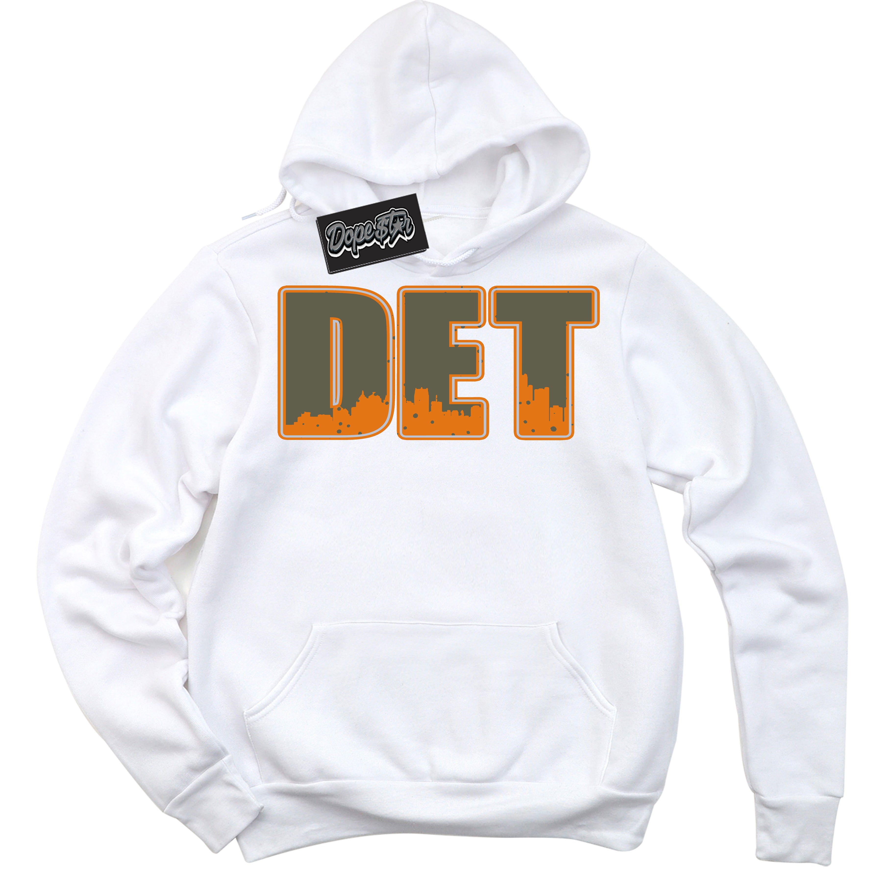 Cool White Hoodie with “ Detroit ”  design that Perfectly Matches Olive 5s Sneakers.