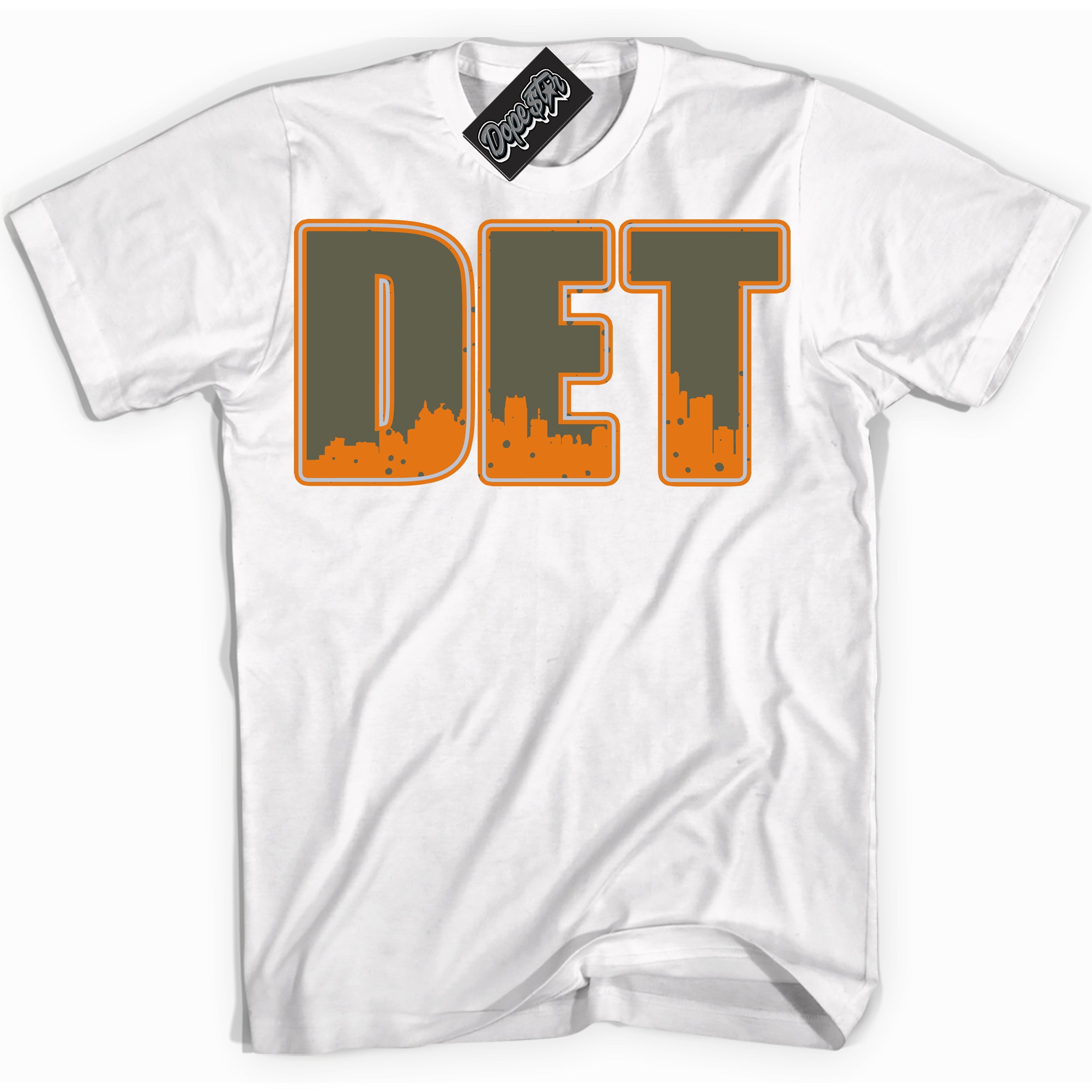 Cool White Shirt with “ Detroit” design that perfectly matches Olive 5s Sneakers.