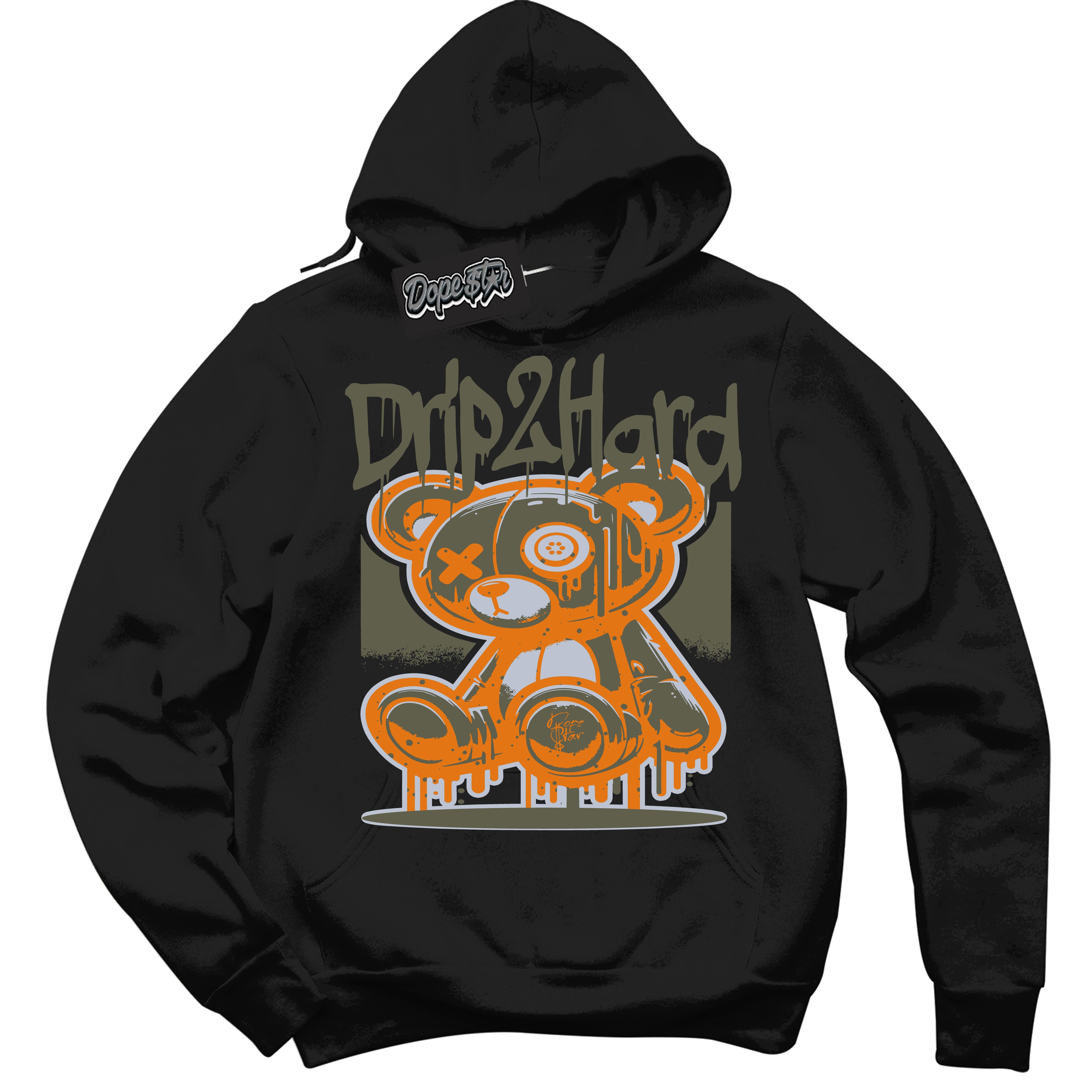 Cool Black Hoodie with “ Drip 2 Hard ”  design that Perfectly Matches Olive 5s Sneakers.