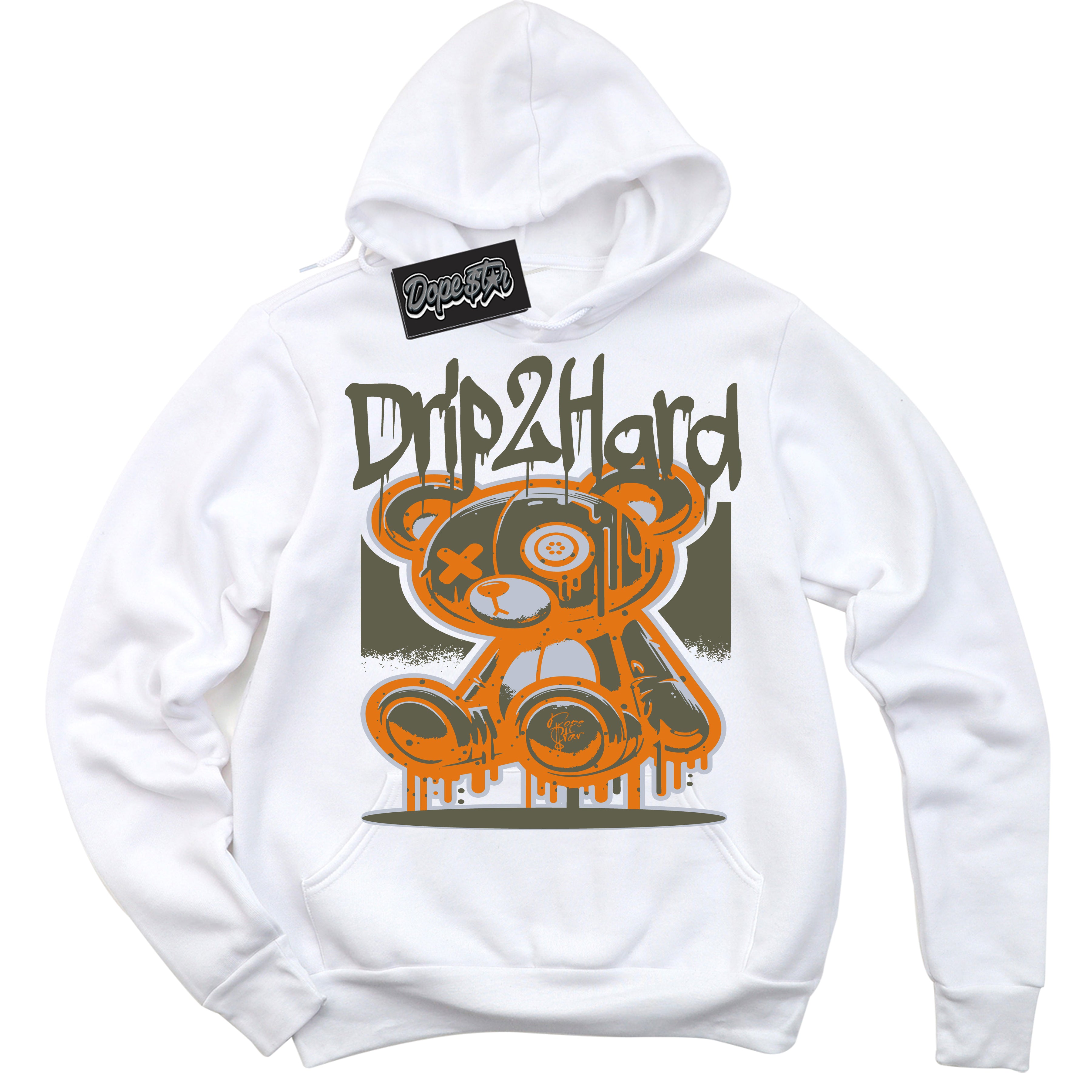 Cool White Hoodie with “ Drip 2 Hard ”  design that Perfectly Matches Olive 5s Sneakers.