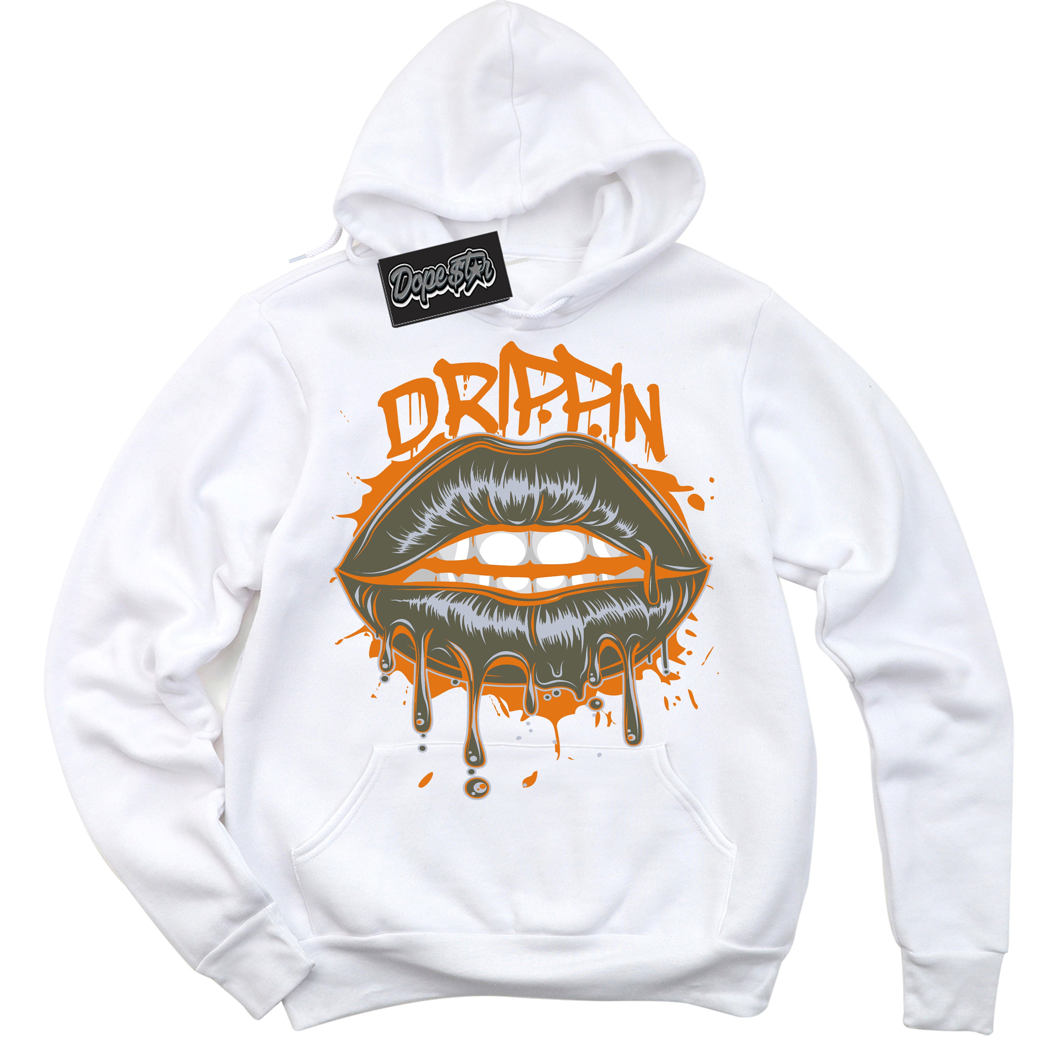 Cool White Hoodie with “ Drippin ”  design that Perfectly Matches Olive 5s Sneakers.