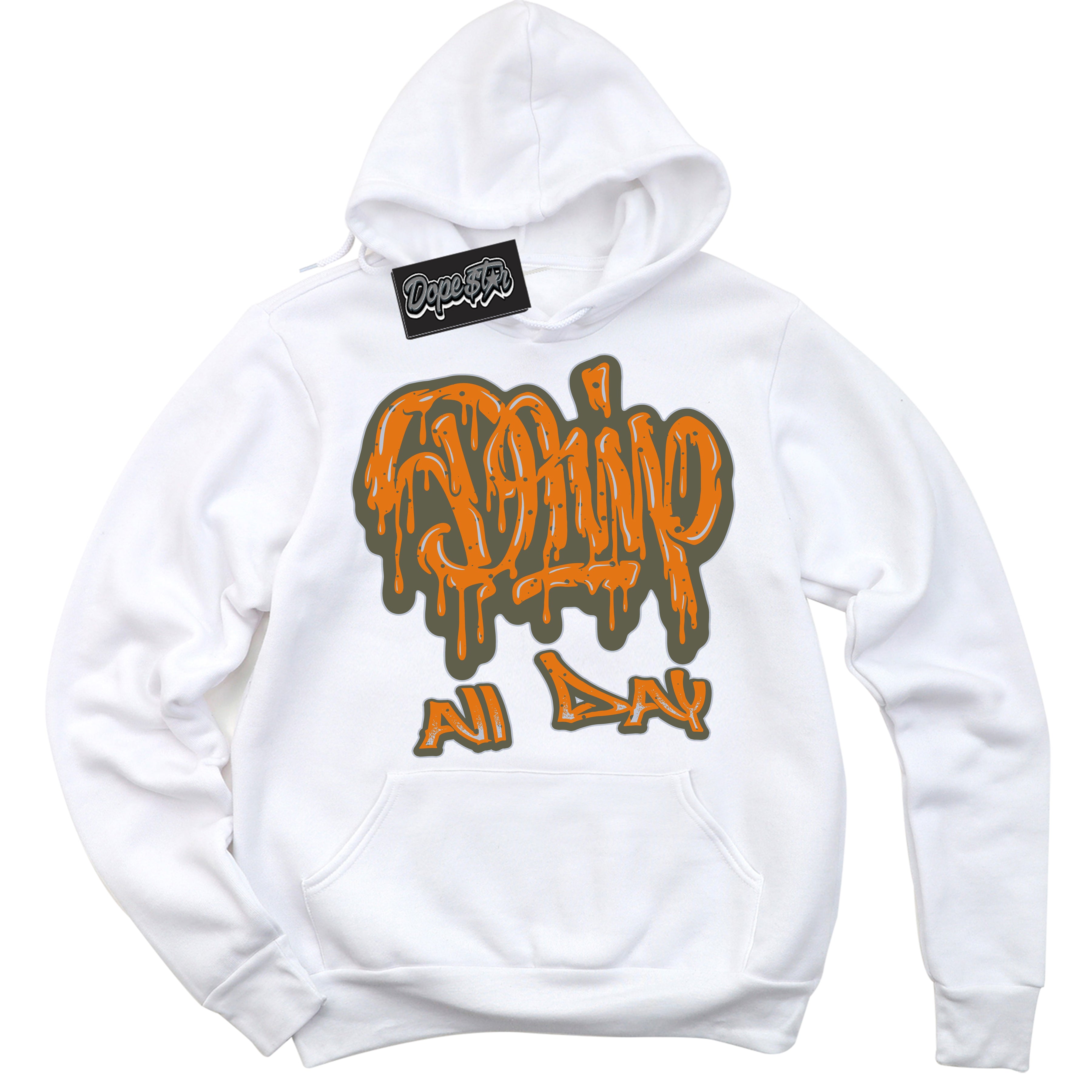 Cool White Hoodie with “ Drip All Day ”  design that Perfectly Matches Olive 5s Sneakers.