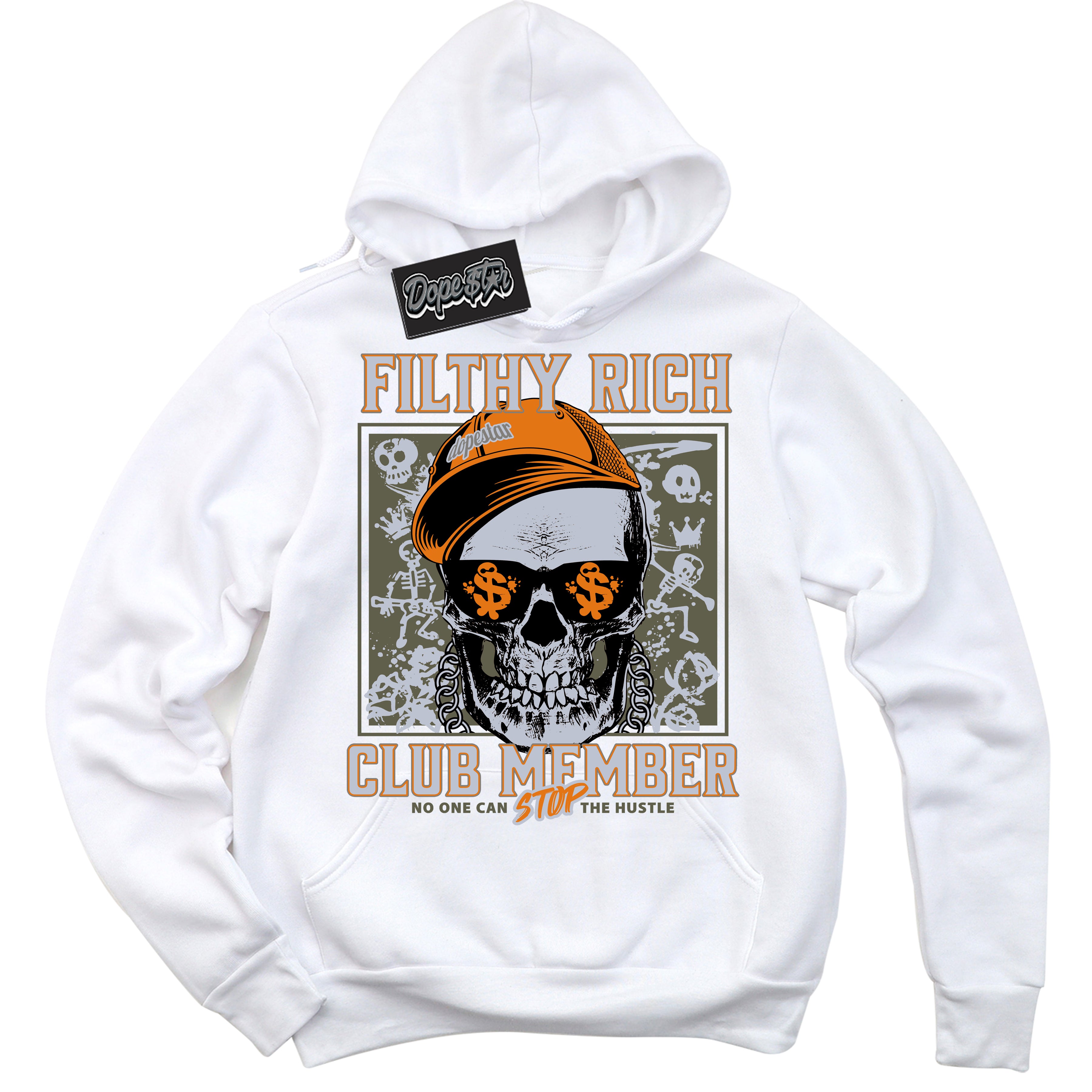 Cool White Hoodie with “ Filthy Rich ”  design that Perfectly Matches Olive 5s Sneakers.