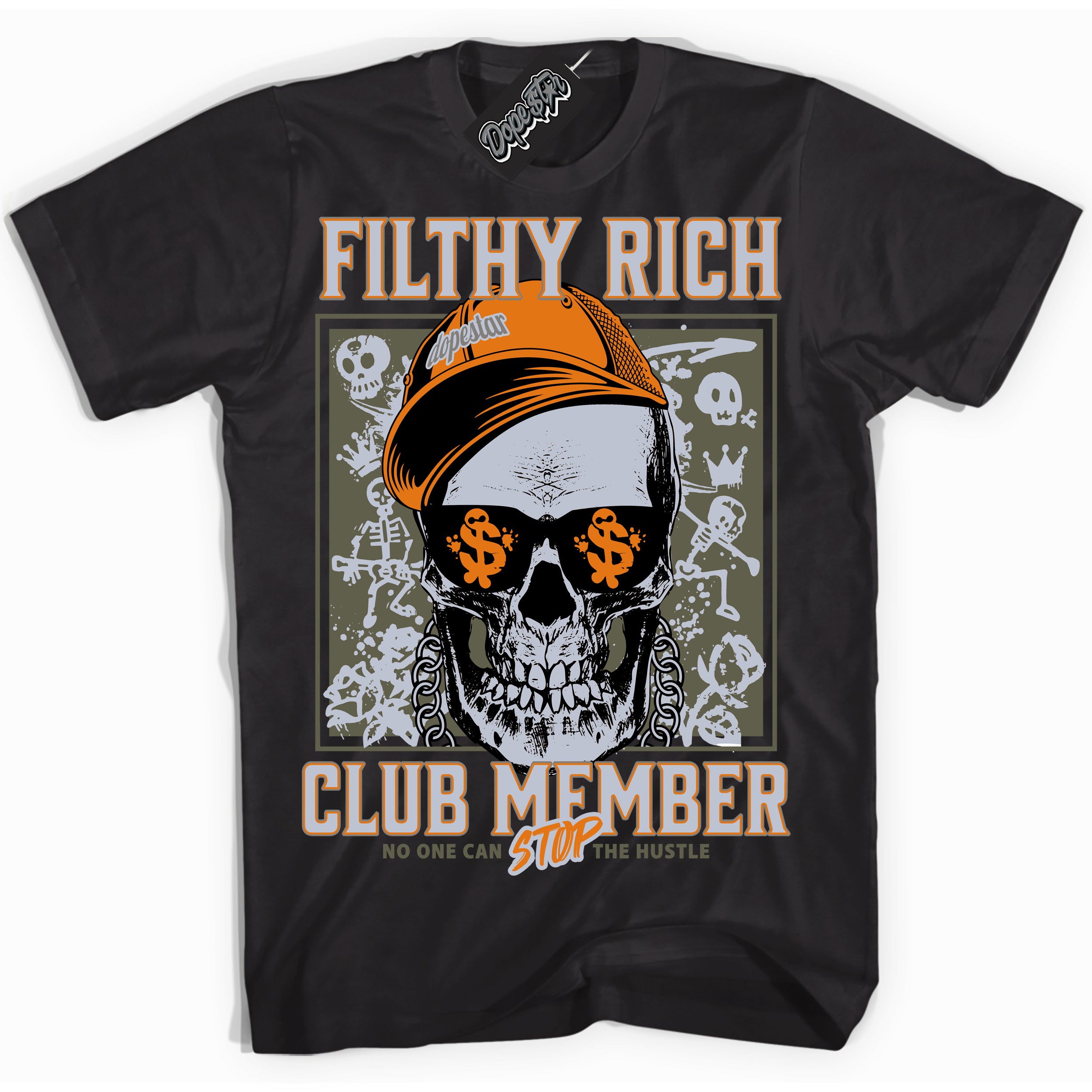 Cool Black Shirt with “ Filthy Rich” design that perfectly matches Olive 5s Sneakers.