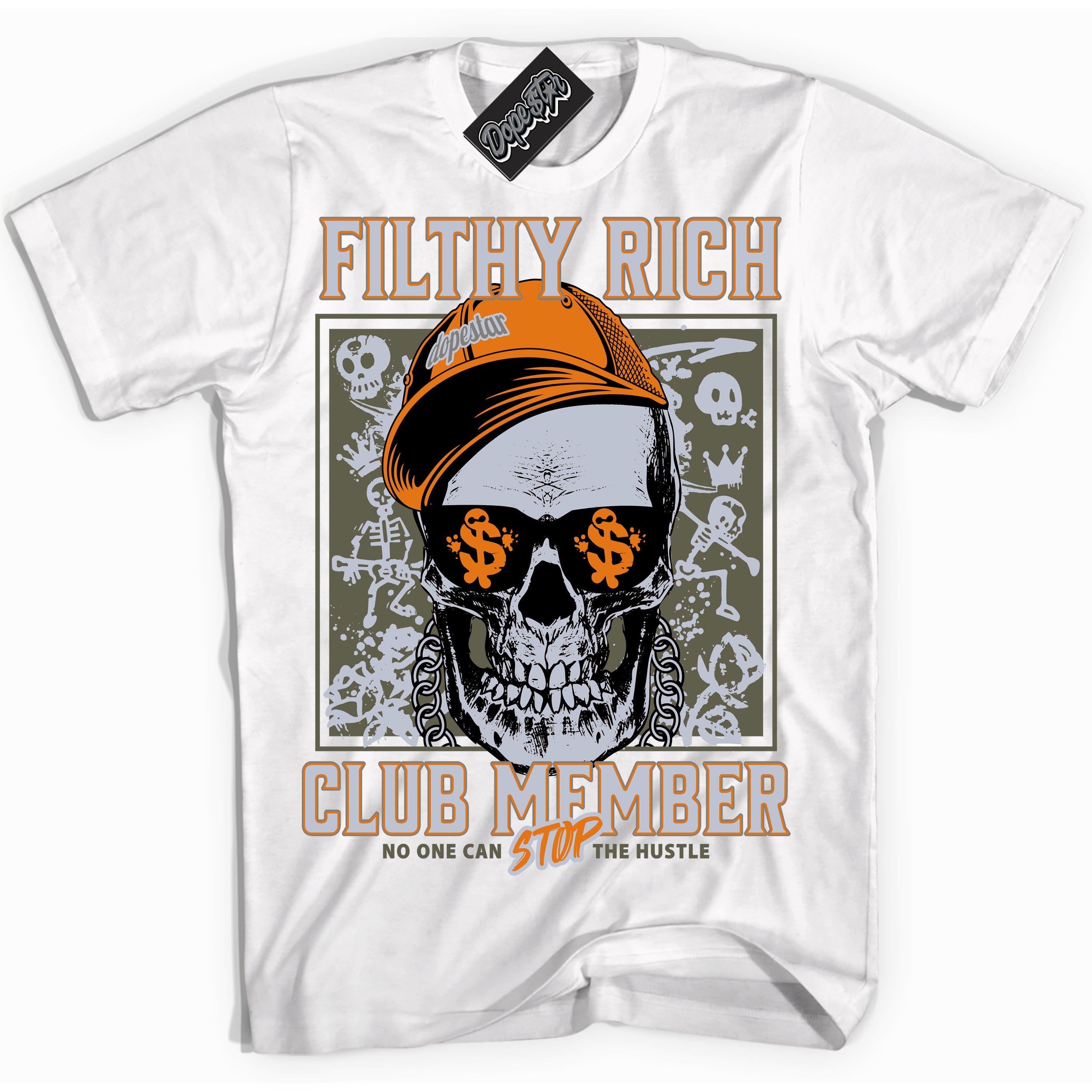 Cool White Shirt with “ Filthy Rich” design that perfectly matches Olive 5s Sneakers.