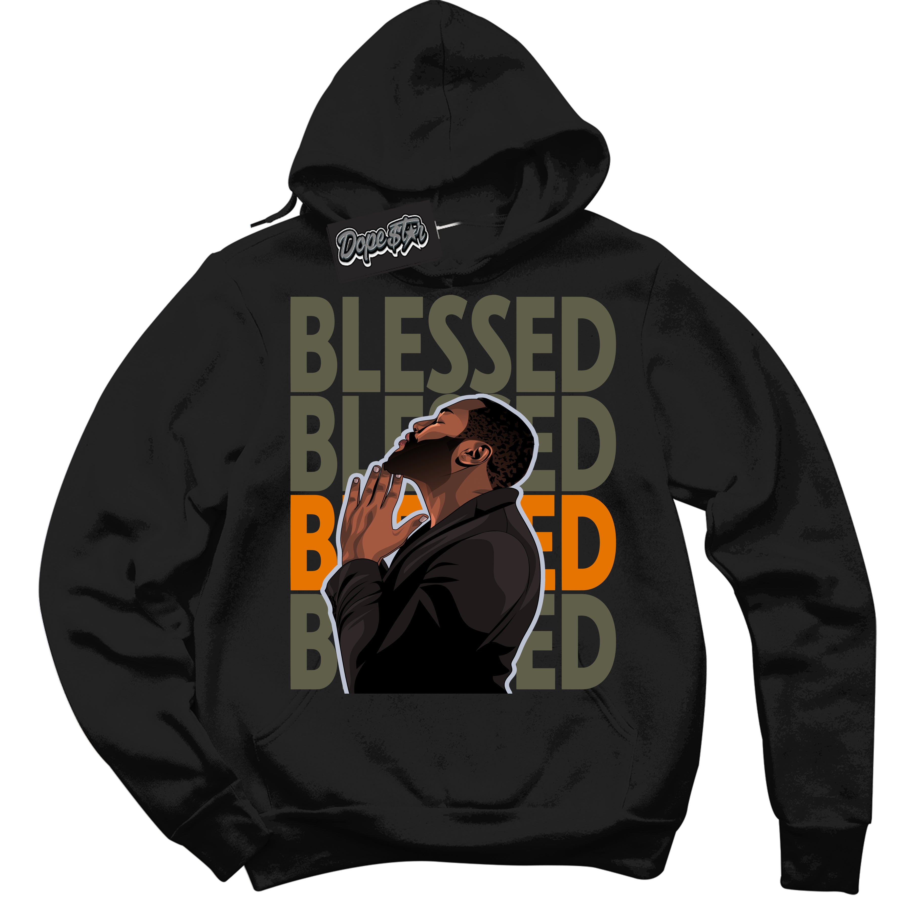 Cool Black Hoodie with “ God Blessed ”  design that Perfectly Matches Olive 5s Sneakers.