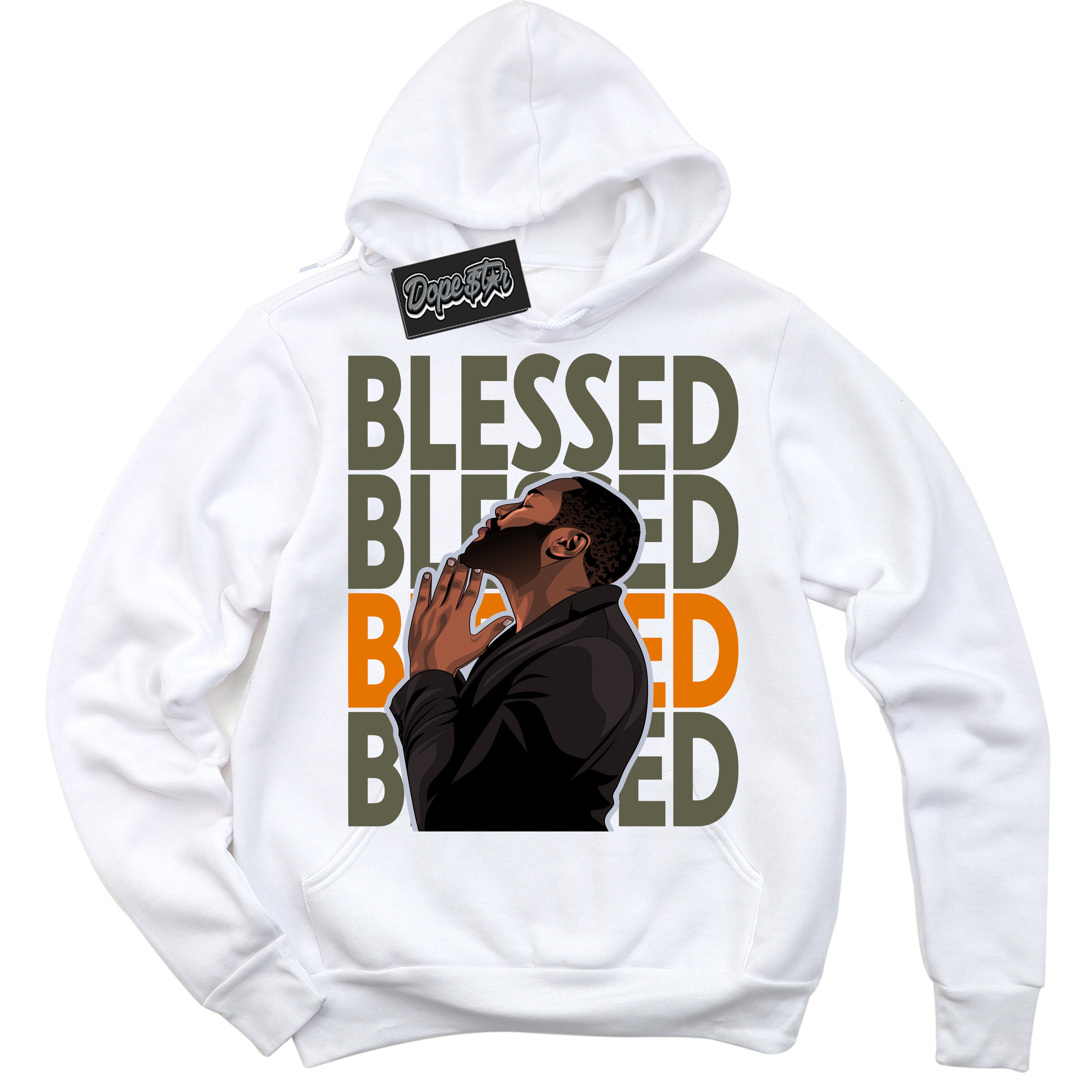 Cool White Hoodie with “ God Blessed ”  design that Perfectly Matches Olive 5s Sneakers.