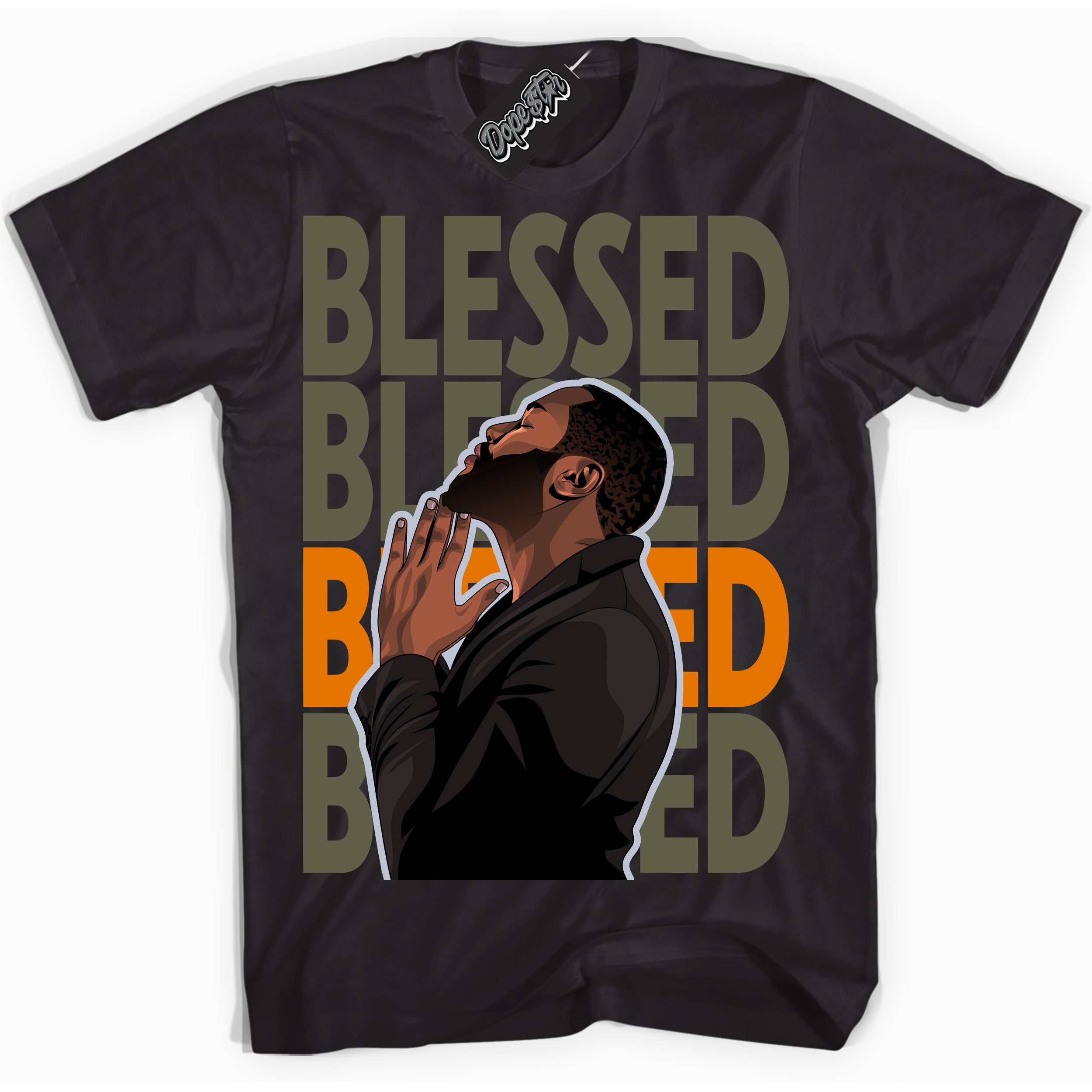 Cool Black Shirt with “ God Blessed” design that perfectly matches Olive 5s Sneakers.