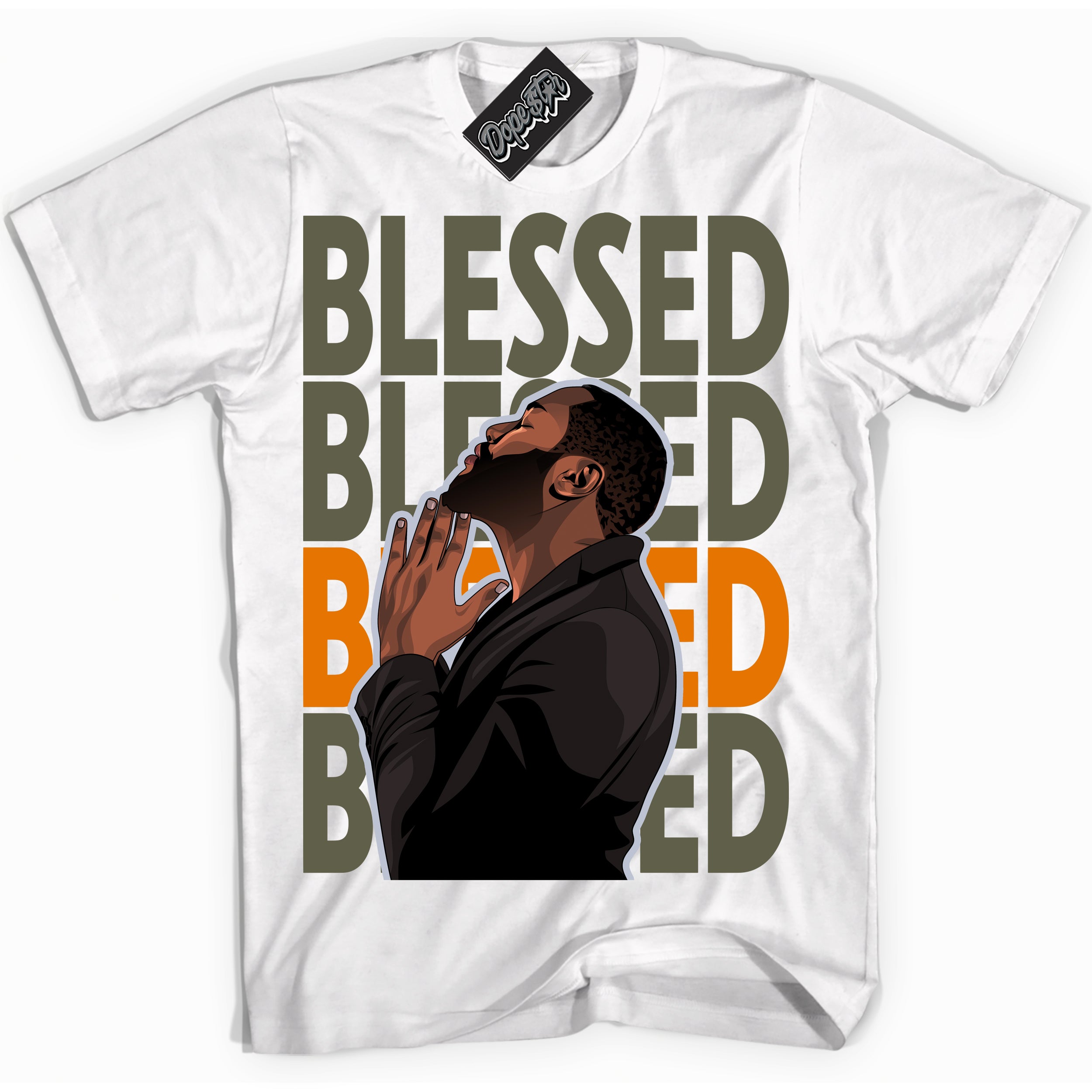 Cool White Shirt with “ God Blessed” design that perfectly matches Olive 5s Sneakers.