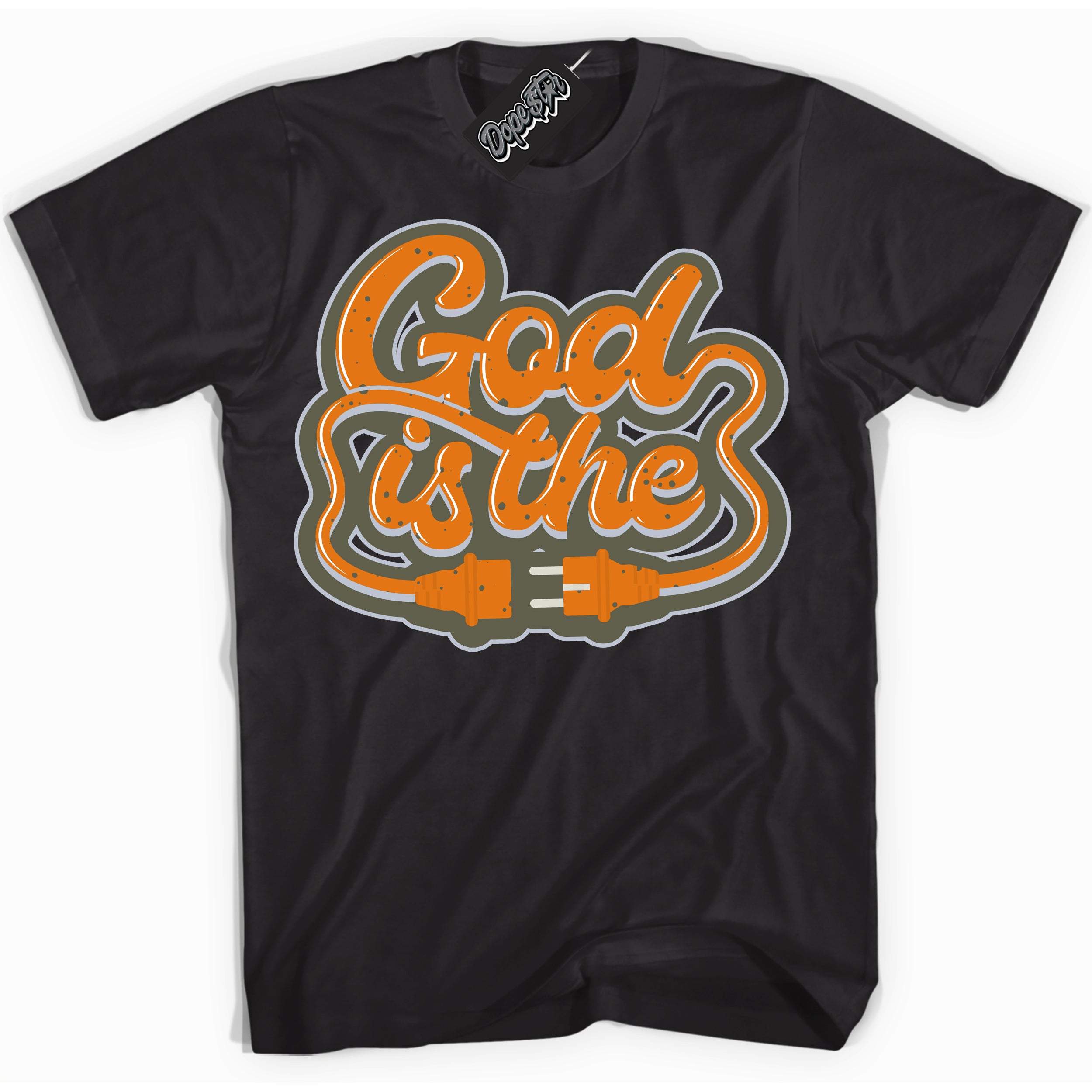 Cool Black Shirt with “ God Is The” design that perfectly matches Olive 5s Sneakers.