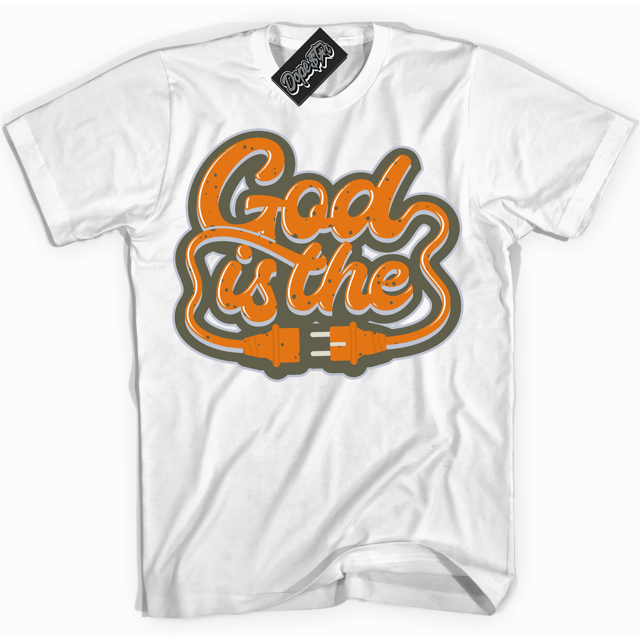 Cool White Shirt with “ God Is The” design that perfectly matches Olive 5s Sneakers.