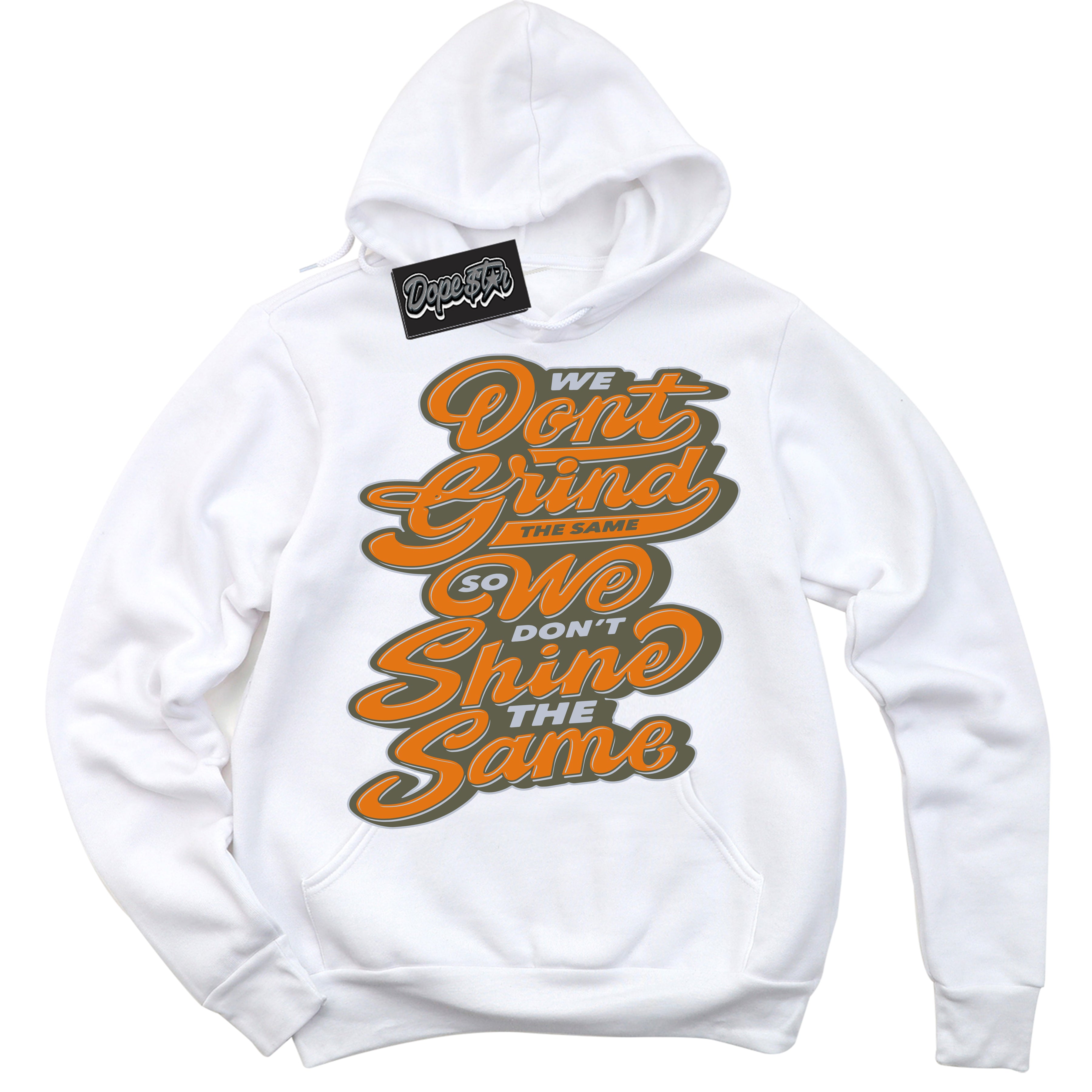 Cool White Hoodie with “ Grind Shine ”  design that Perfectly Matches Olive 5s Sneakers.