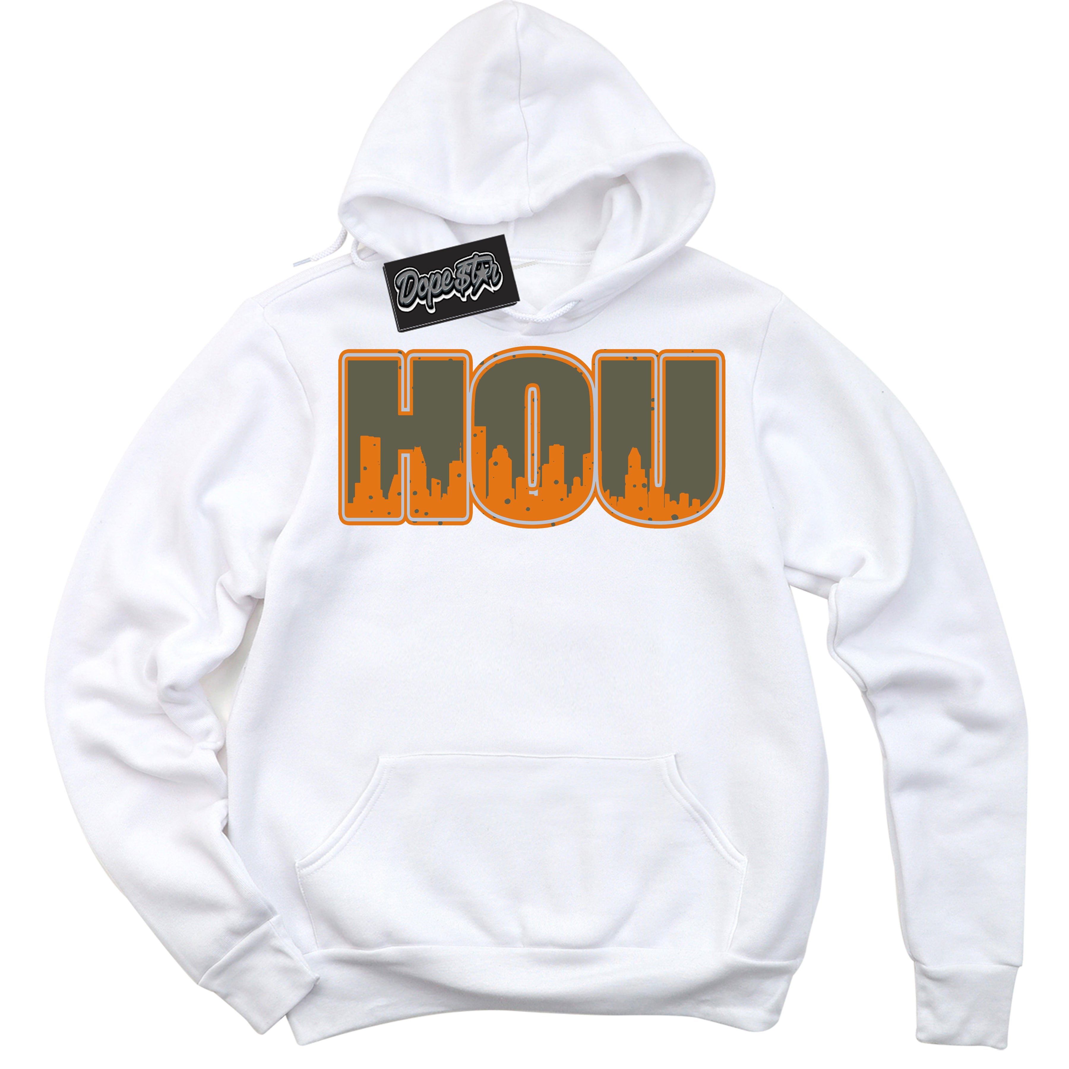 Cool White Hoodie with “ Houston ”  design that Perfectly Matches Olive 5s Sneakers.