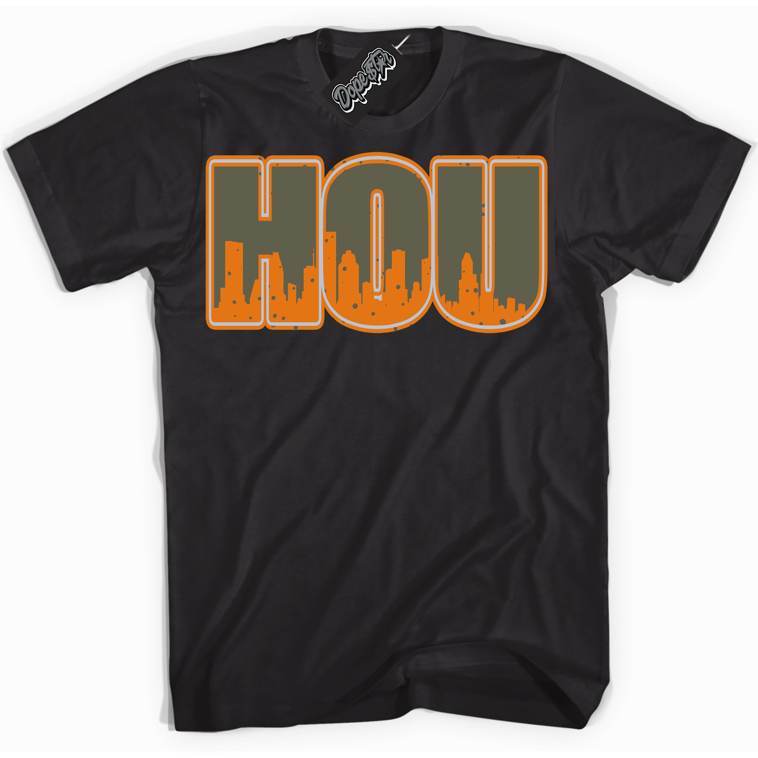 Cool Black Shirt with “ Houston” design that perfectly matches Olive 5s Sneakers.